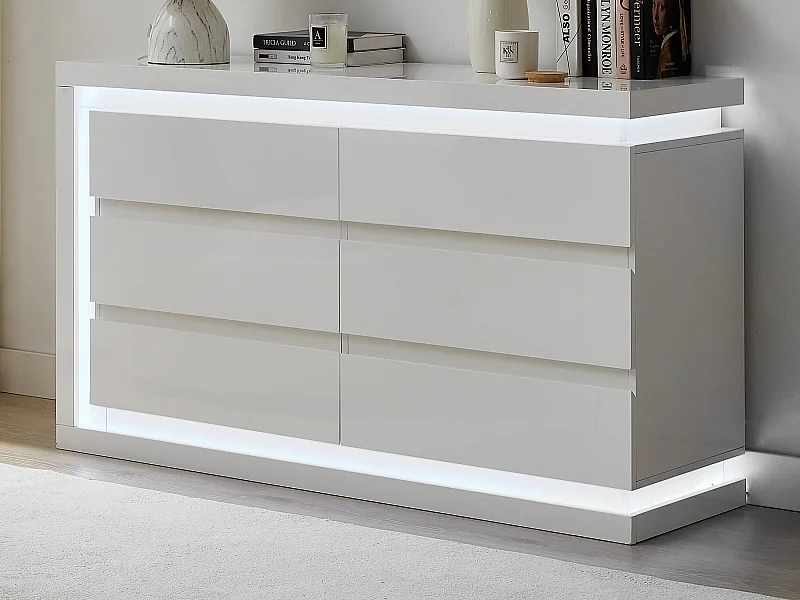 Cómoda 6 gavetas com LEDs, MDF lacado a branco - FLARANCIA