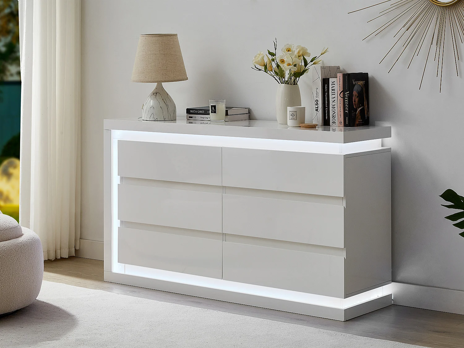 Commode 6 tiroirs - Avec LEDs - MDF - Blanc laqué - FLARANCIA