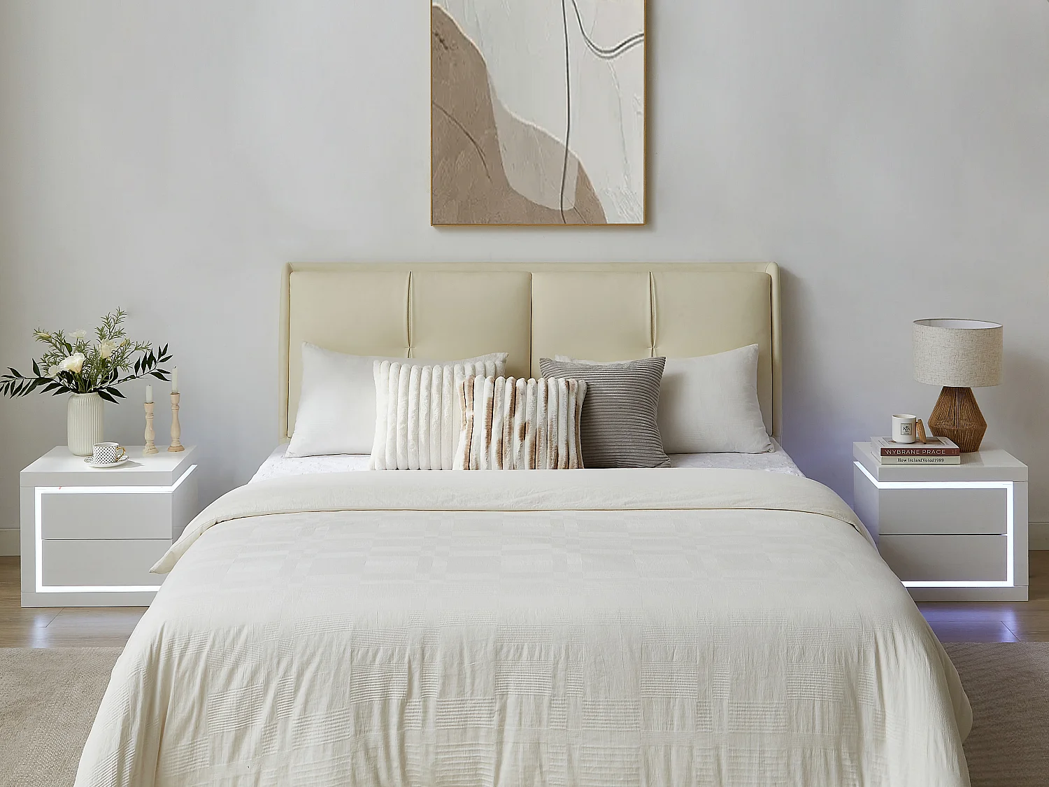 Comodino Con Luci LED E 2 Cassetti - Tavolino Da Notte Con Prese E Porte USB, Gambe In Metallo, Bianco 45x40x57 Cm