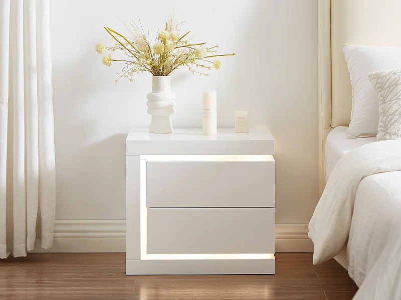 Table de chevet côté gauche avec 2 tiroirs - Avec LEDs - Blanc laqué - FLARANCIA