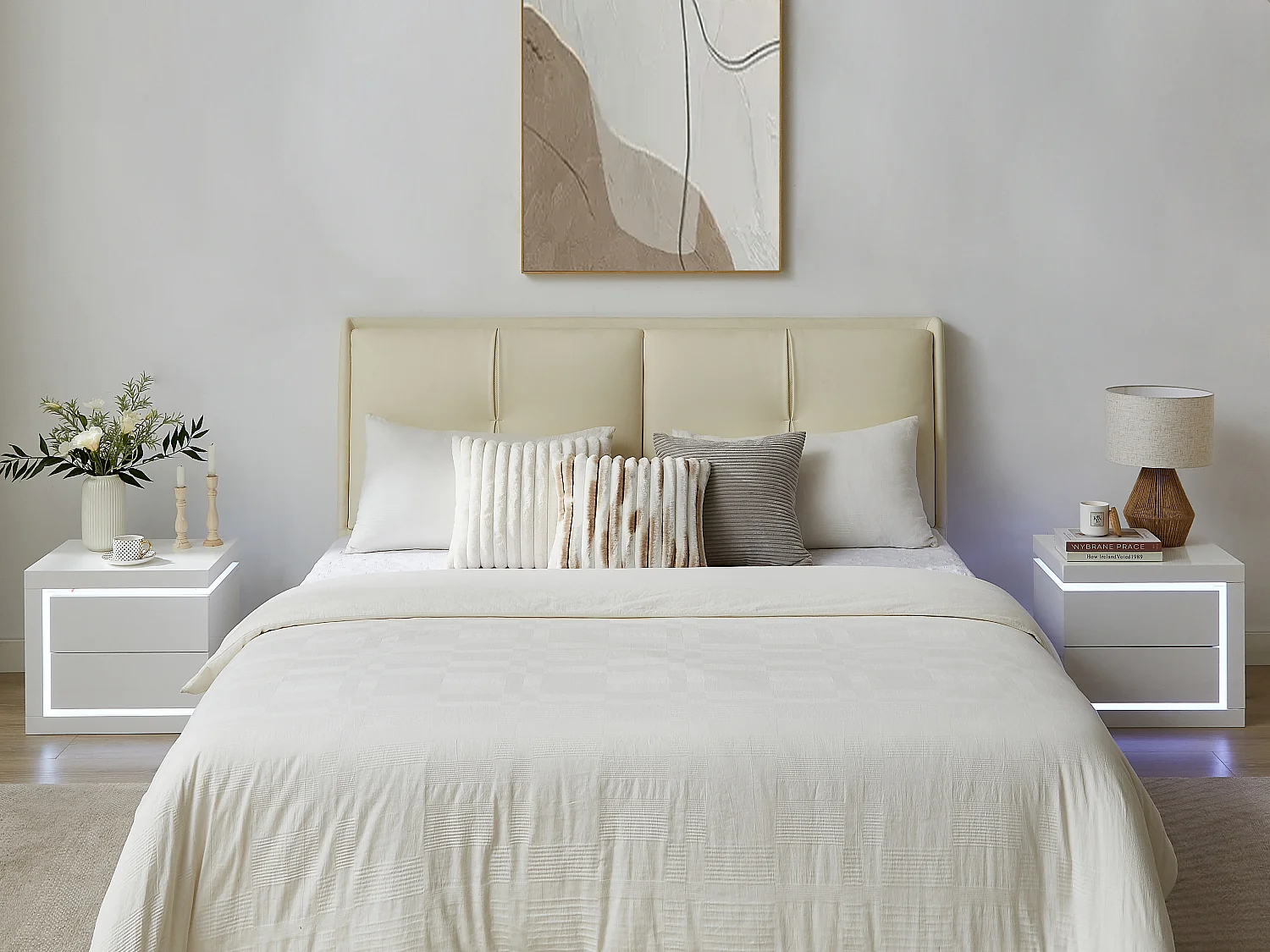 Nachttisch mit 2 Schubladen - linke Seite - Mit LED-Beleuchtung - Weiß lackiert - FLARANCIA