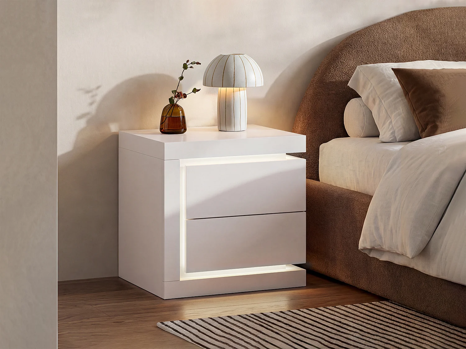 Table de chevet côté gauche avec 2 tiroirs - Avec LEDs - Blanc laqué - FLARANCIA