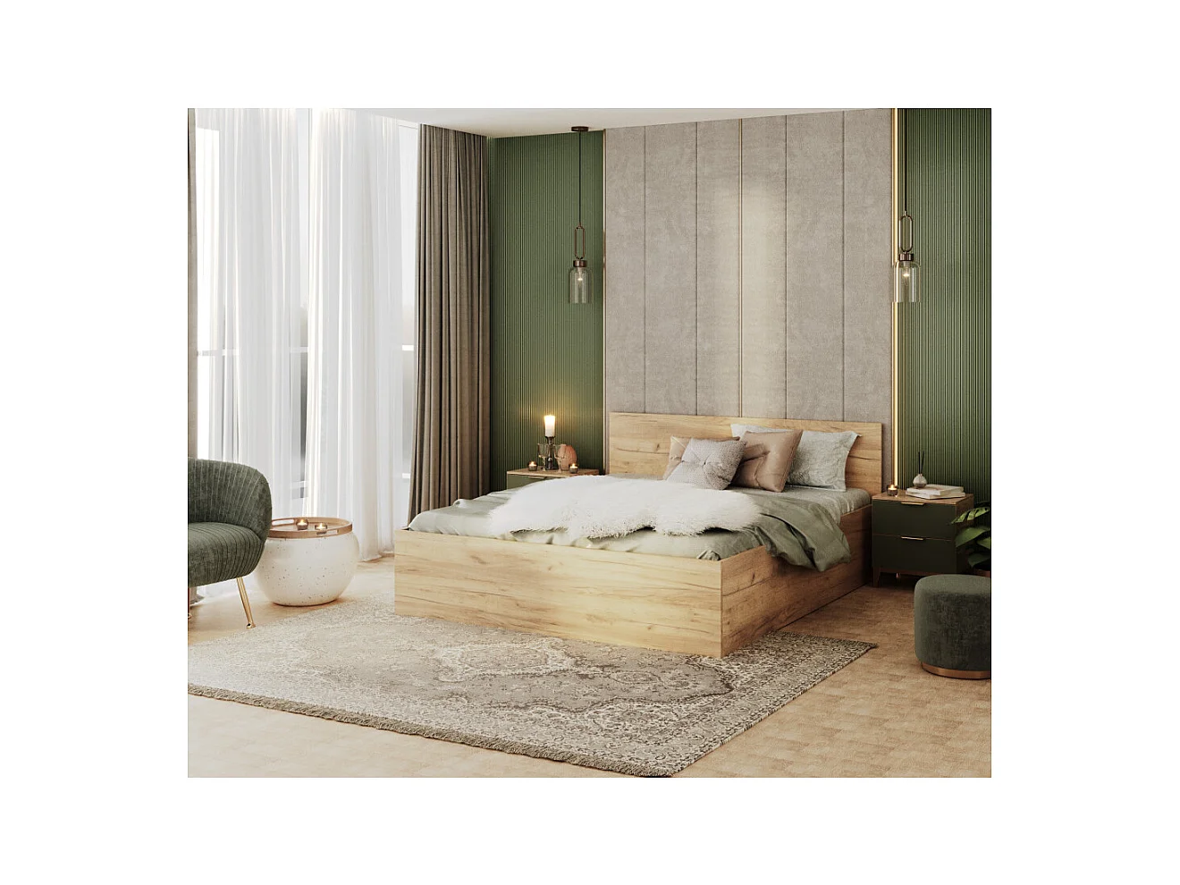 Lit Panama 140x200 + coffre - Sommier inclus Chêne