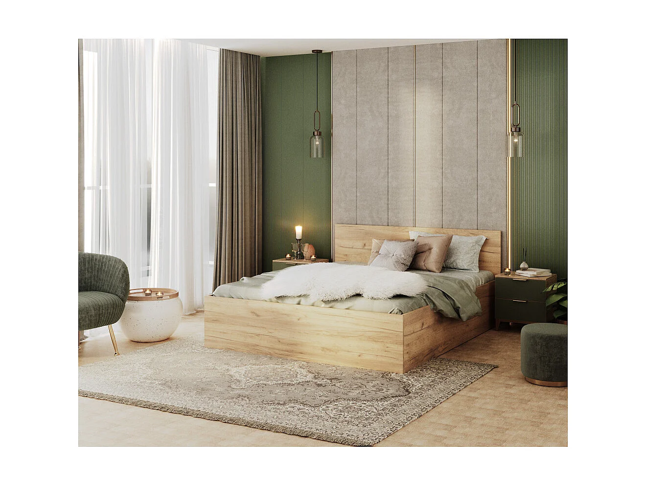 Lit Panama 140x200 + coffre - Sommier inclus Chêne