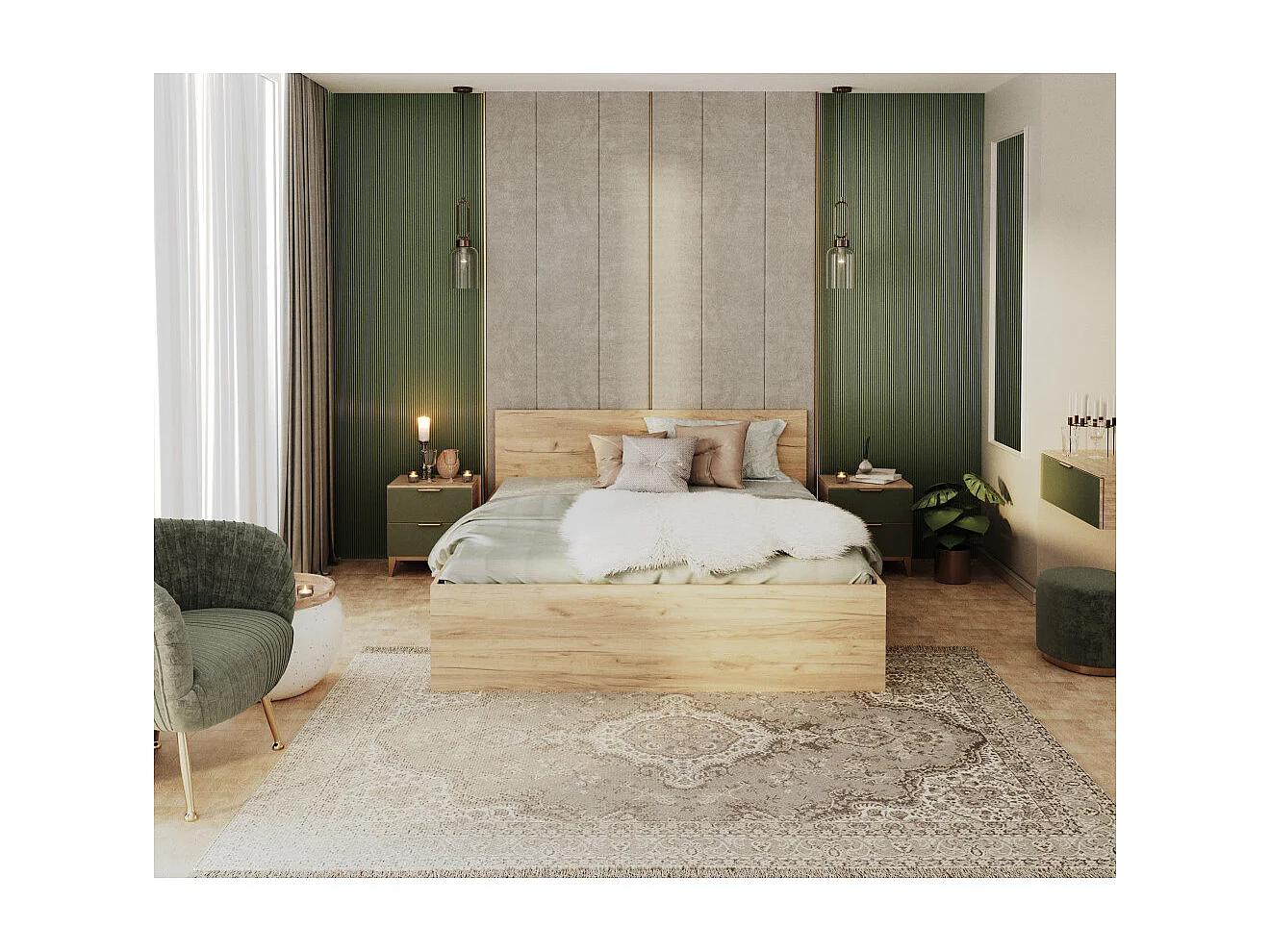 Lit Panama 140x200 + coffre - Sommier inclus Chêne