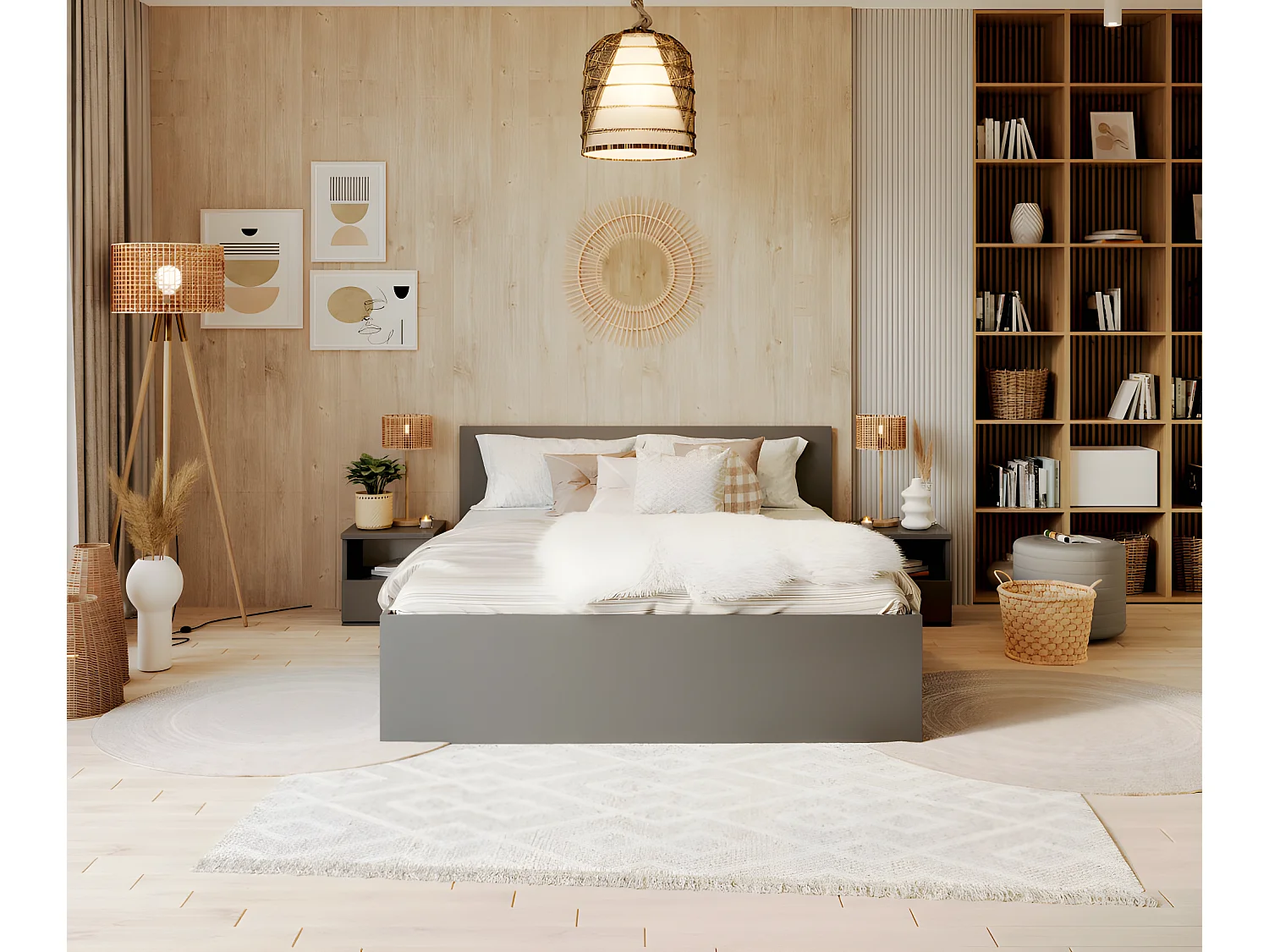 Lit Panama 140x200 + coffre - Sommier inclus Gris