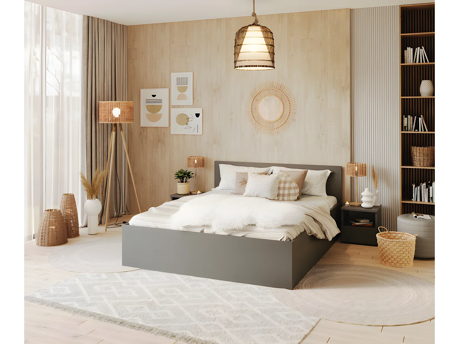 Lit Panama 140x200 + coffre - Sommier inclus Gris