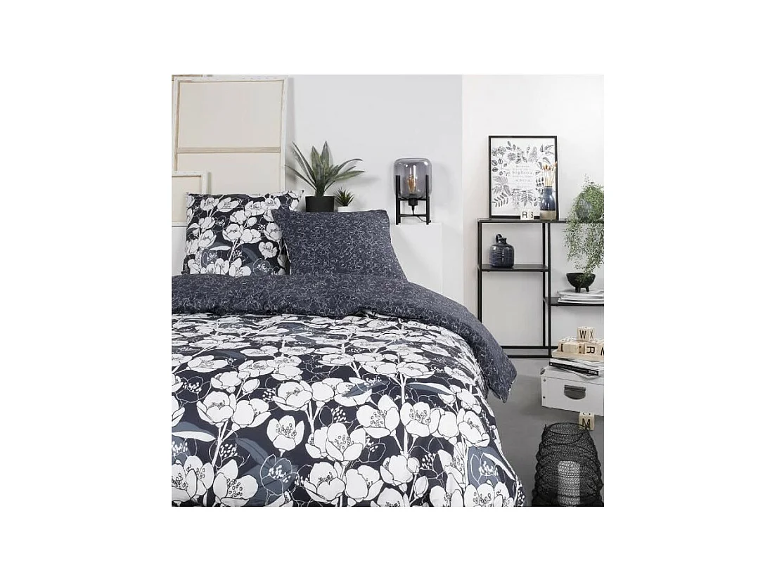 Parure de lit Mawira - 2 personnes - 260 x 240 cm - 100% coton - Bleu marine Motif Floral - TODAY