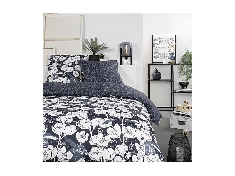 Parure de lit Mawira - 2 personnes - 260 x 240 cm - 100% coton - Bleu marine Motif Floral - TODAY