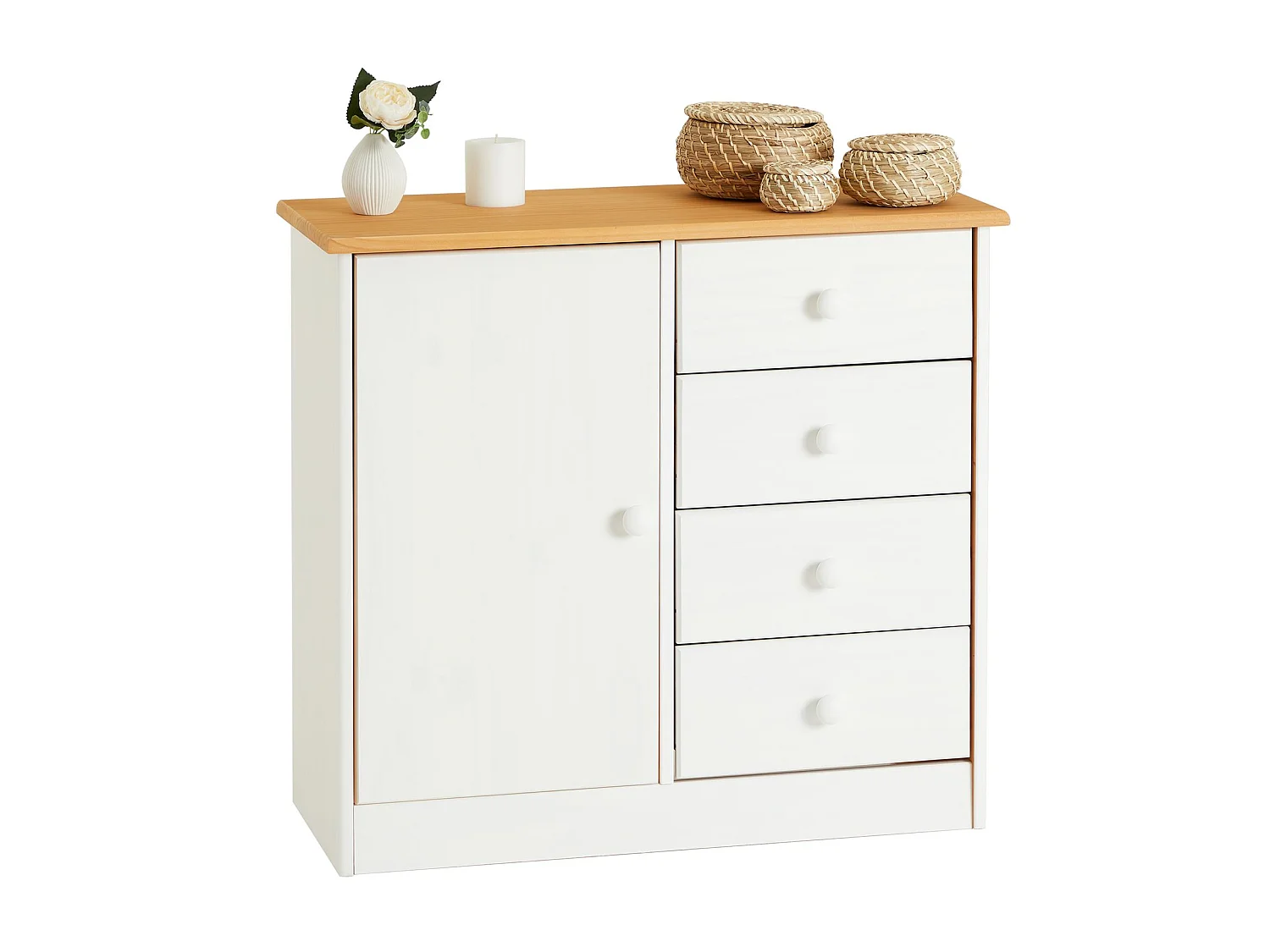 Commode en pin massif lasuré blanc et brun RONDO buffet meuble de rangement avec 4 tiroirs et une porte
