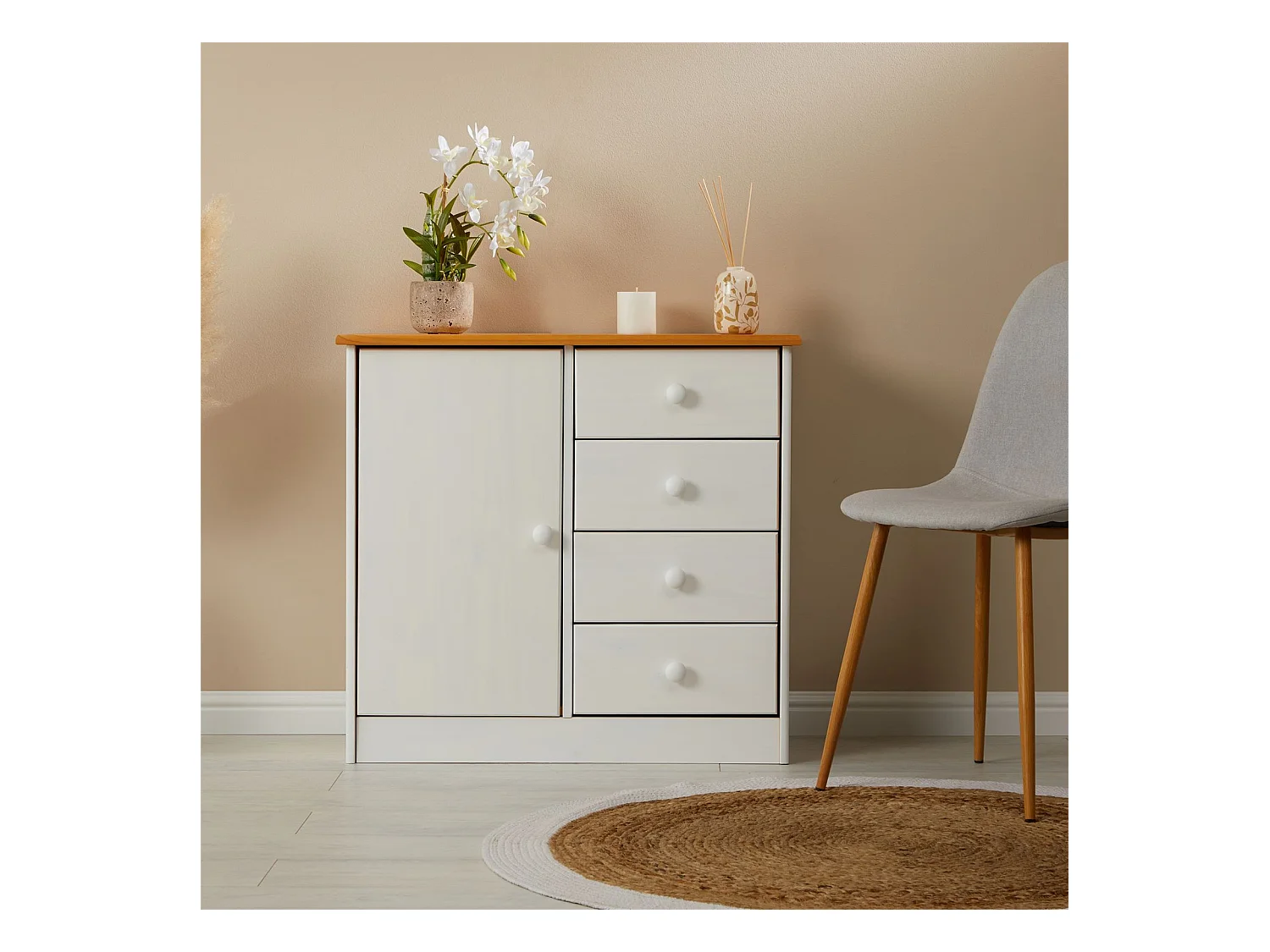 Commode en pin massif lasuré blanc et brun RONDO buffet meuble de rangement avec 4 tiroirs et une porte