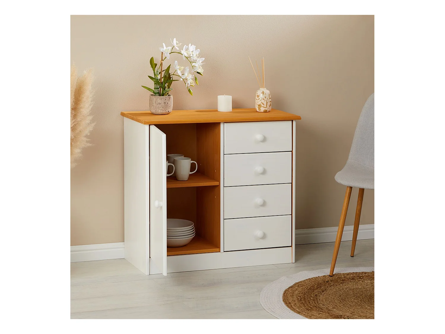Commode en pin massif lasuré blanc et brun RONDO buffet meuble de rangement avec 4 tiroirs et une porte