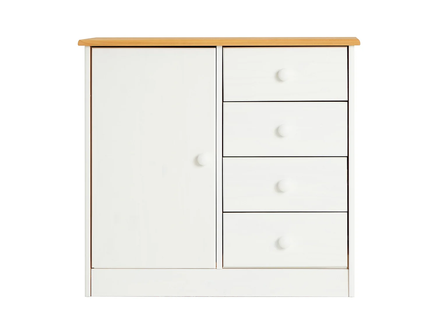 Commode en pin massif lasuré blanc et brun RONDO buffet meuble de rangement avec 4 tiroirs et une porte