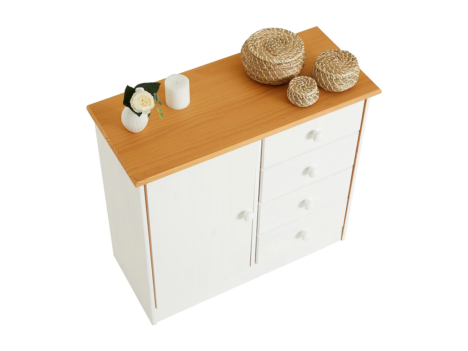 Commode en pin massif lasuré blanc et brun RONDO buffet meuble de rangement avec 4 tiroirs et une porte