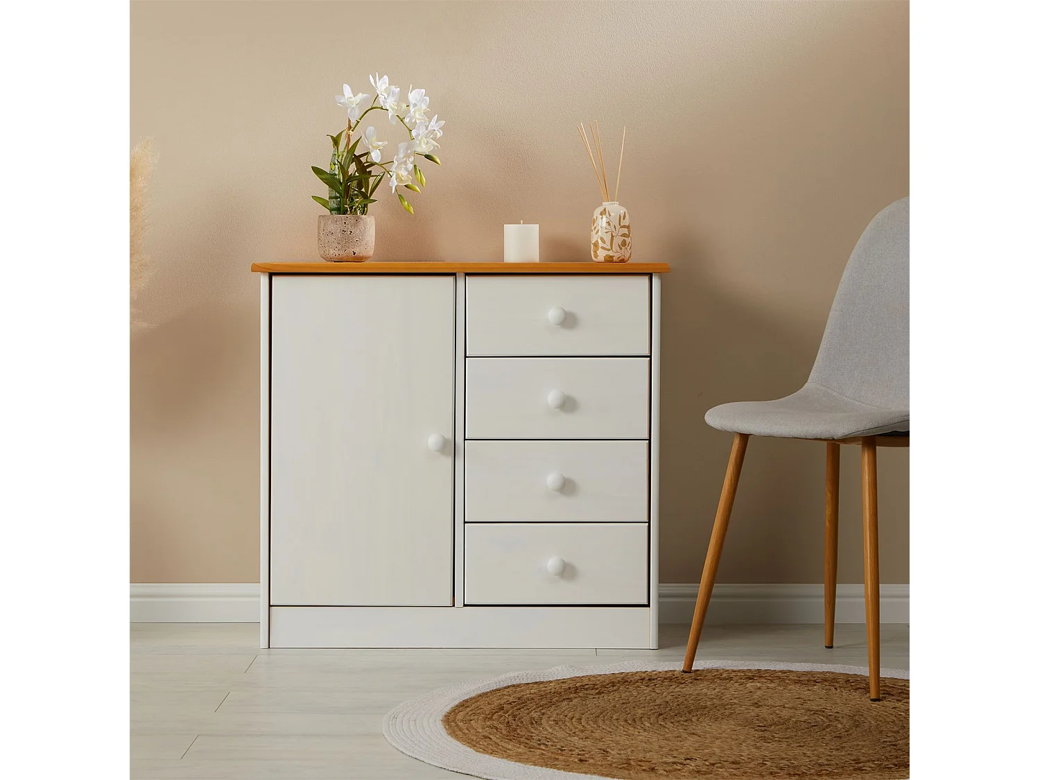 Commode en pin massif lasuré blanc et brun RONDO buffet meuble de rangement avec 4 tiroirs et une porte