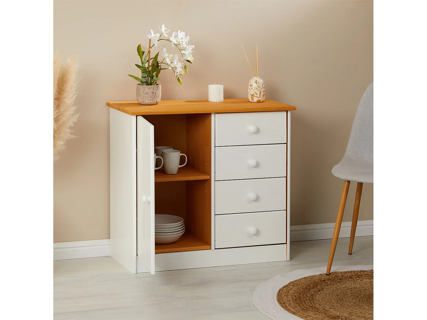 Commode en pin massif lasuré blanc et brun RONDO buffet meuble de rangement avec 4 tiroirs et une porte