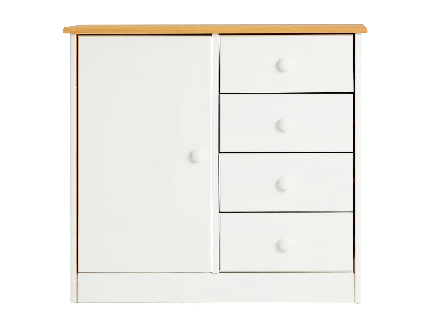 Commode en pin massif lasuré blanc et brun RONDO buffet meuble de rangement avec 4 tiroirs et une porte