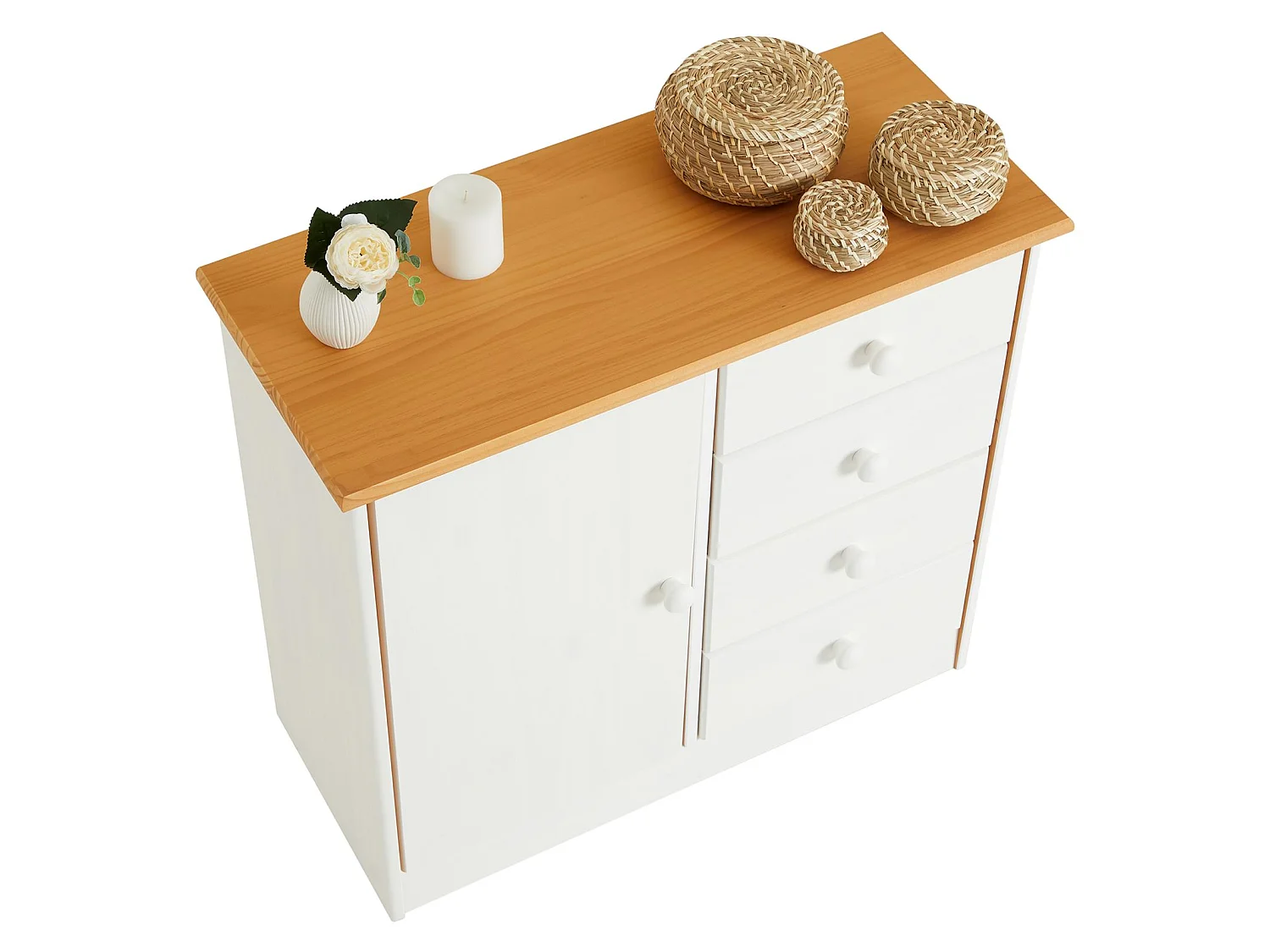 Commode en pin massif lasuré blanc et brun RONDO buffet meuble de rangement avec 4 tiroirs et une porte