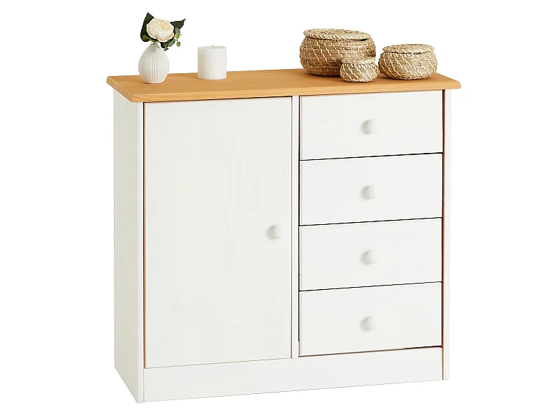 Commode en pin massif lasuré blanc et brun RONDO buffet meuble de rangement avec 4 tiroirs et une porte