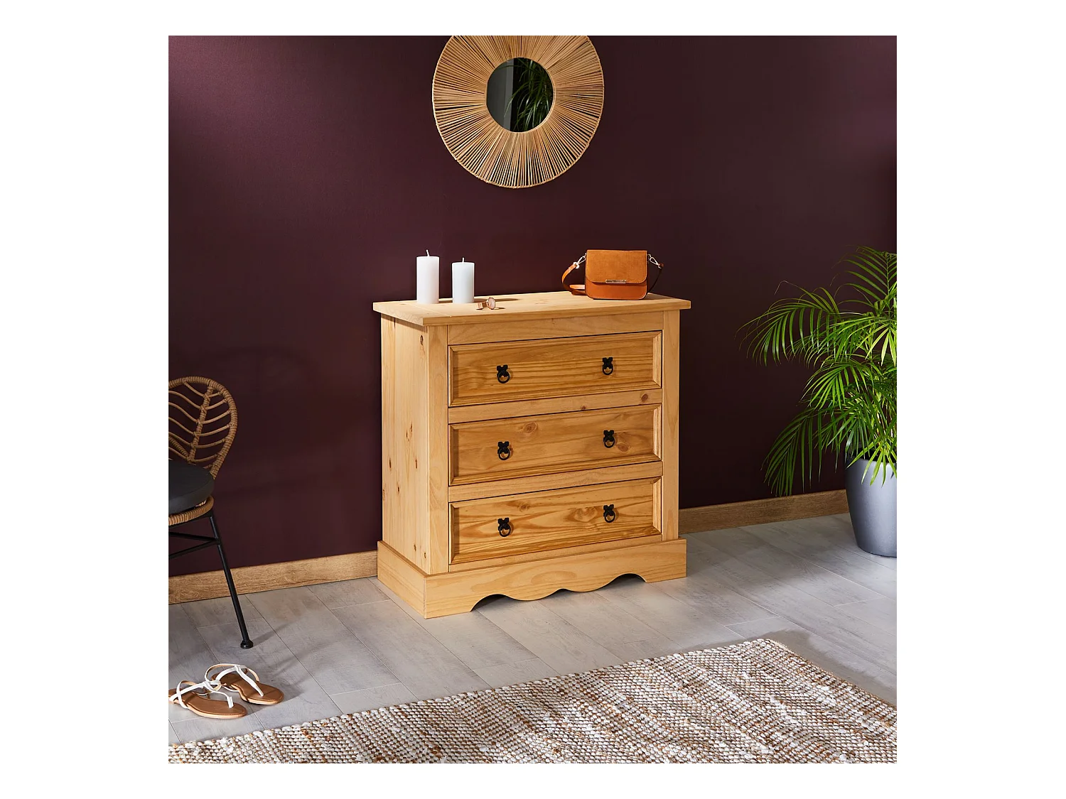 Commode TEQUILA buffet bahut vaisselier en bois style mexicain avec 3 grands tiroirs, en pin massif à la finition teintée et cirée