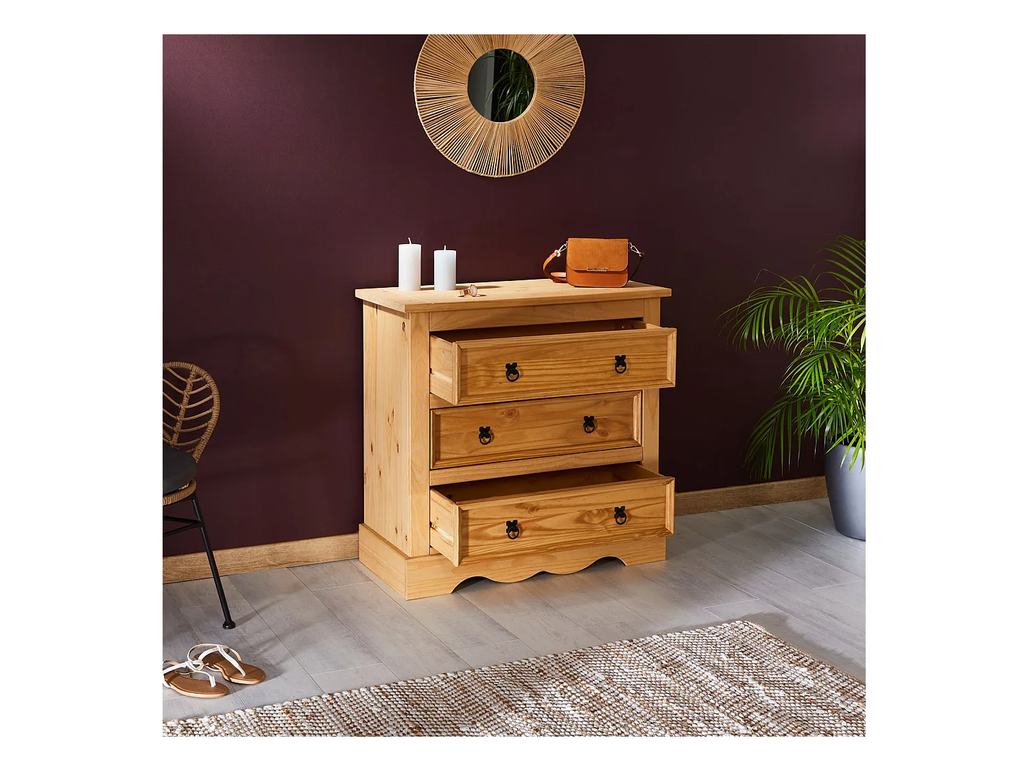 Commode TEQUILA buffet bahut vaisselier en bois style mexicain avec 3 grands tiroirs, en pin massif à la finition teintée et cirée