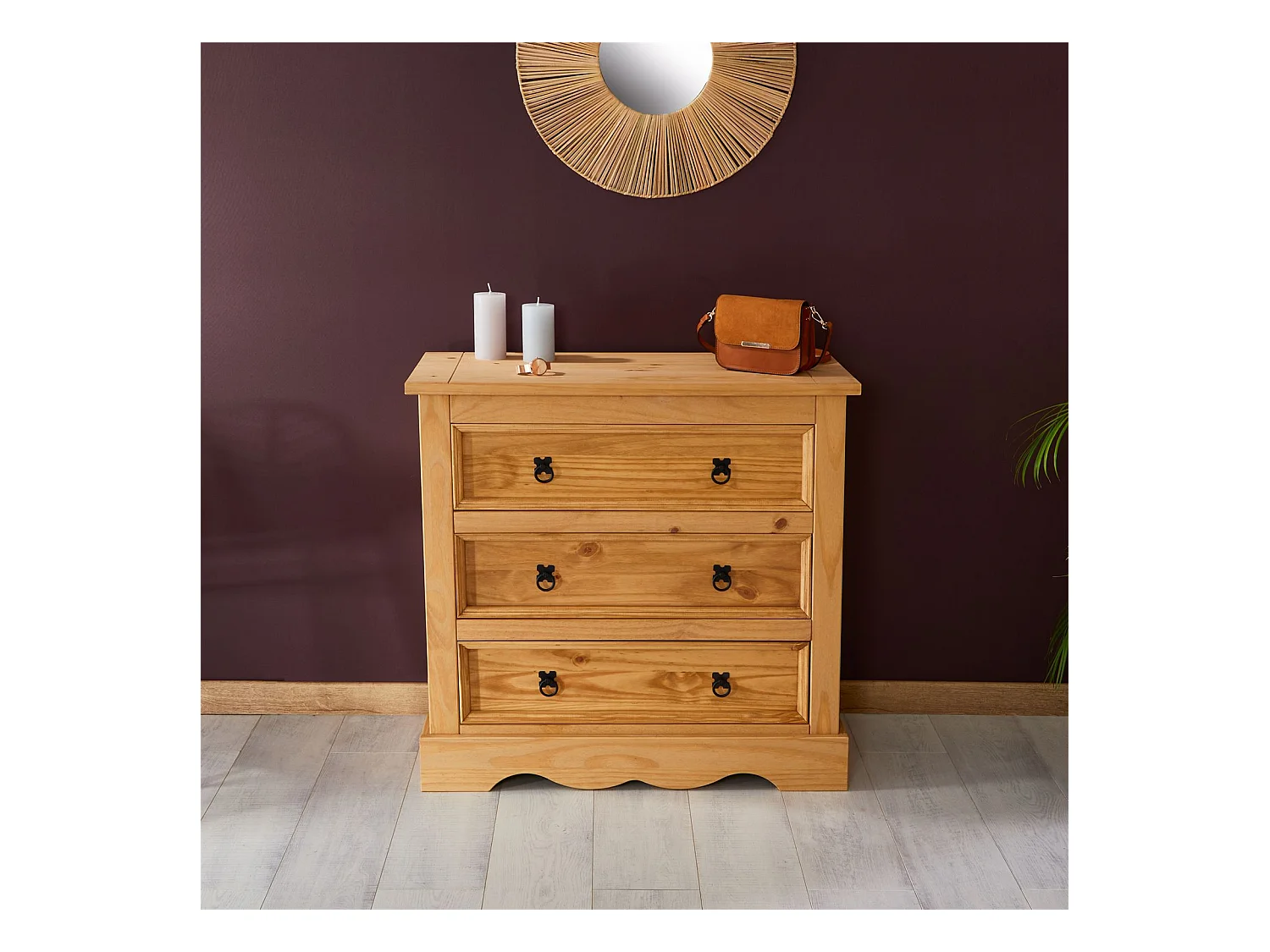 Commode TEQUILA buffet bahut vaisselier en bois style mexicain avec 3 grands tiroirs, en pin massif à la finition teintée et cirée