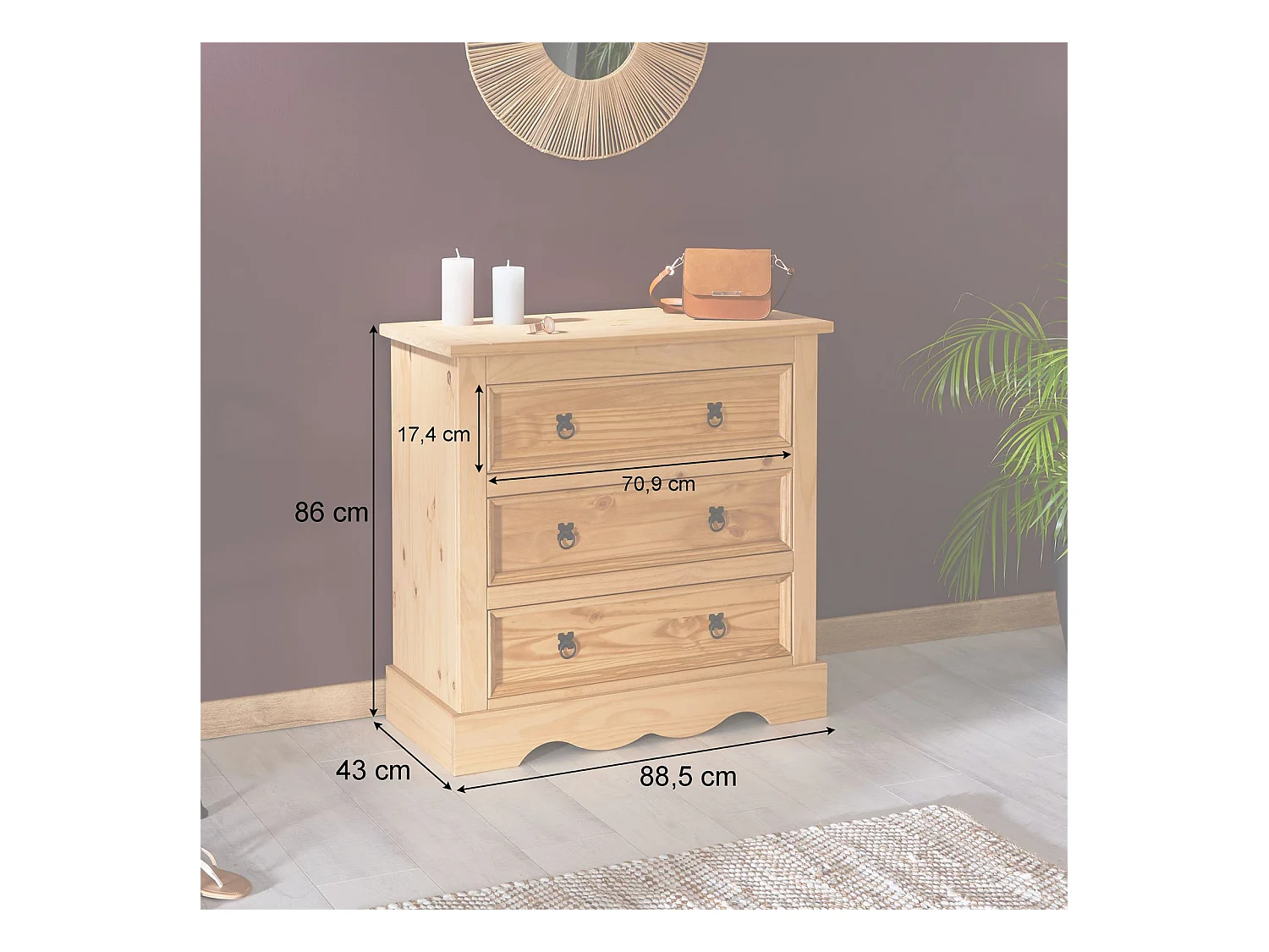 Commode TEQUILA buffet bahut vaisselier en bois style mexicain avec 3 grands tiroirs, en pin massif à la finition teintée et cirée