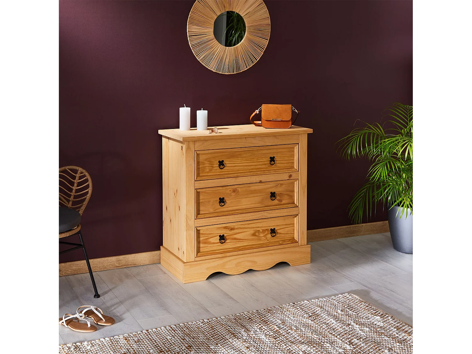 Commode TEQUILA buffet bahut vaisselier en bois style mexicain avec 3 grands tiroirs, en pin massif à la finition teintée et cirée