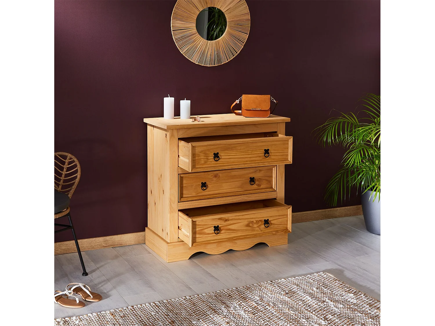 Commode TEQUILA buffet bahut vaisselier en bois style mexicain avec 3 grands tiroirs, en pin massif à la finition teintée et cirée