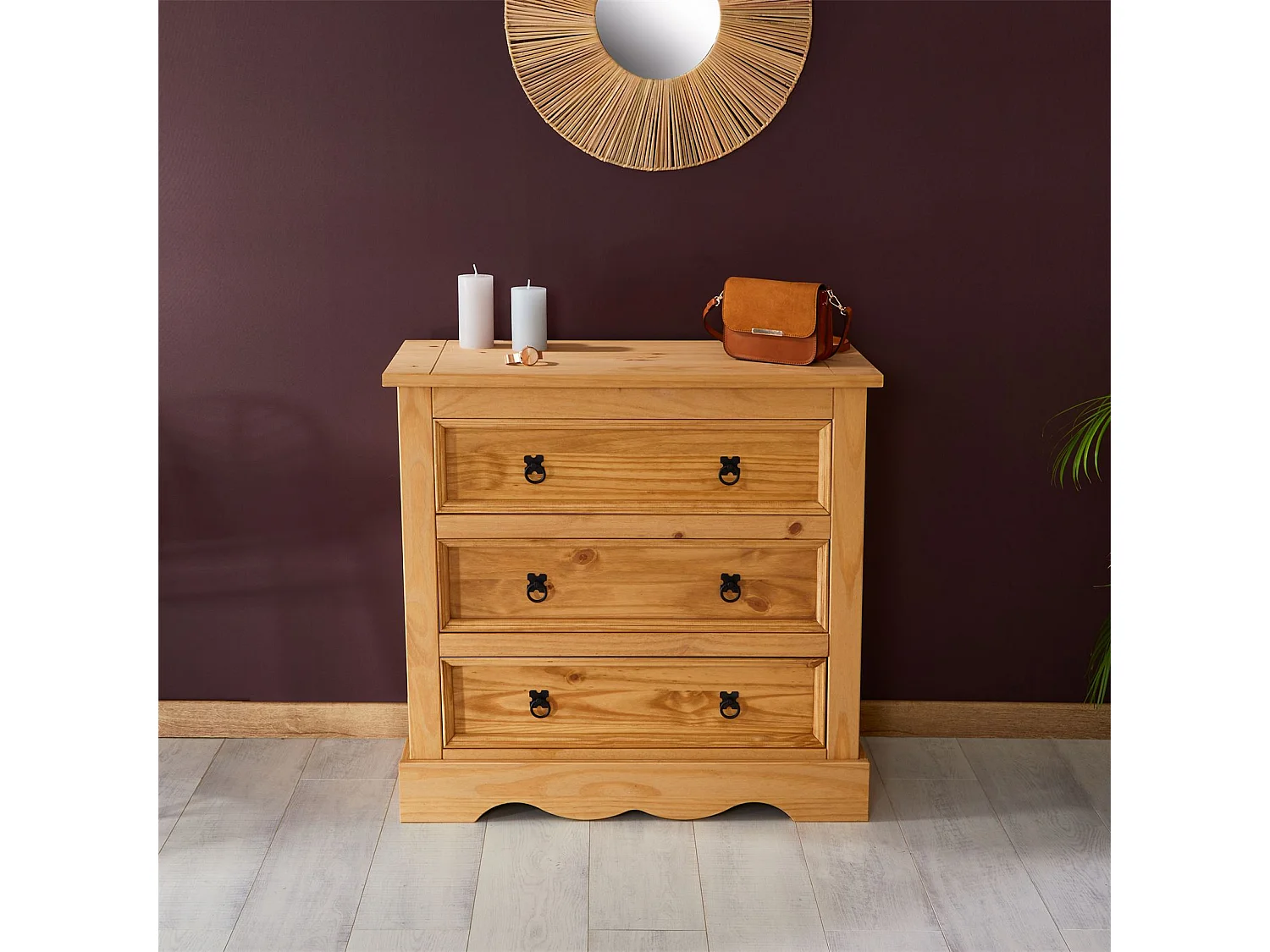 Commode TEQUILA buffet bahut vaisselier en bois style mexicain avec 3 grands tiroirs, en pin massif à la finition teintée et cirée