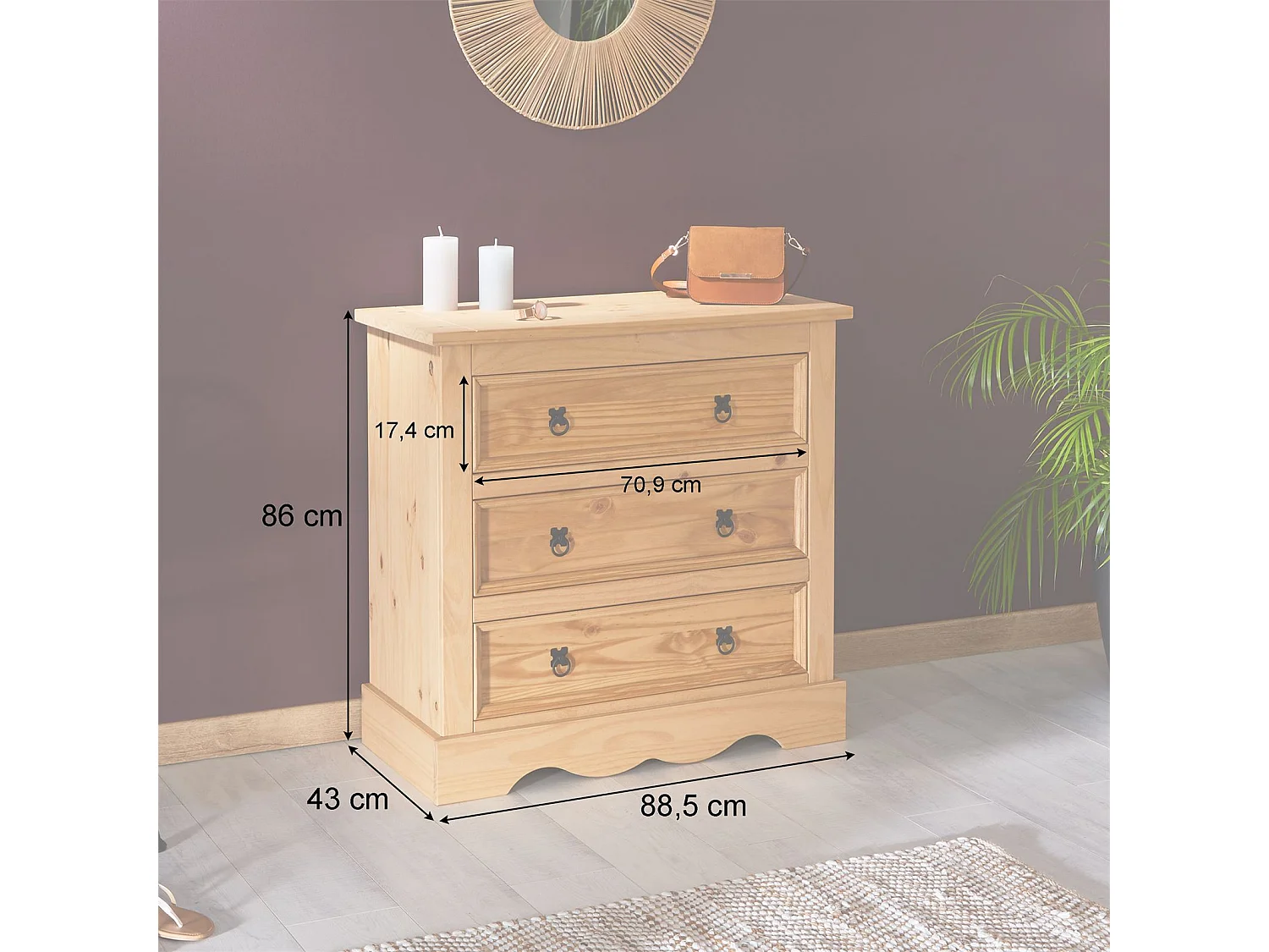 Commode TEQUILA buffet bahut vaisselier en bois style mexicain avec 3 grands tiroirs, en pin massif à la finition teintée et cirée