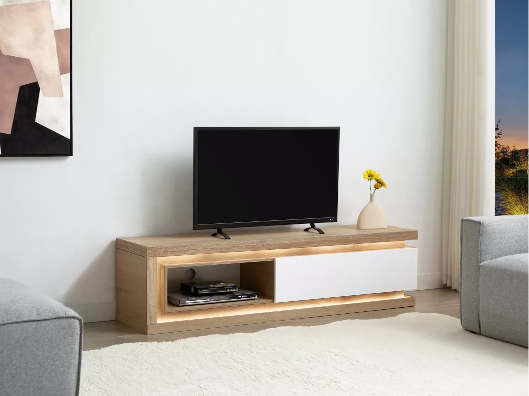 Kauf Unique TV-Möbel - 1 Schublade & 1 Ablagefach - mit LED-Beleuchtung - MDF - Holzfarben und Weiß lackiert - FLARANCIA