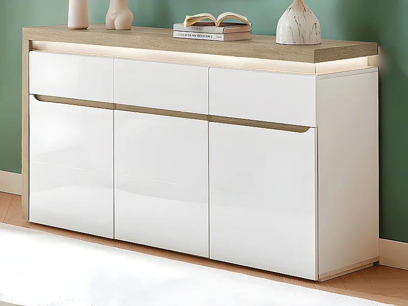 Buffet 3 portes et 3 tiroirs avec LEDs en MDF - Blanc laqué et Naturel - VADEMOSA