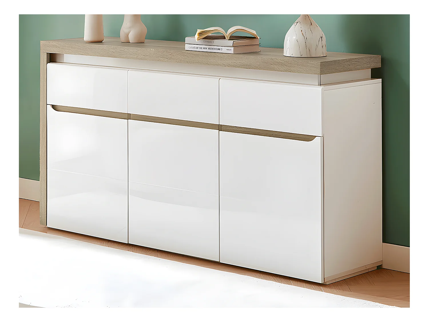 Aparador de 3 puertas y 3 cajones con luces LED de MDF - Blanco lacado y Natural - VADEMOSA