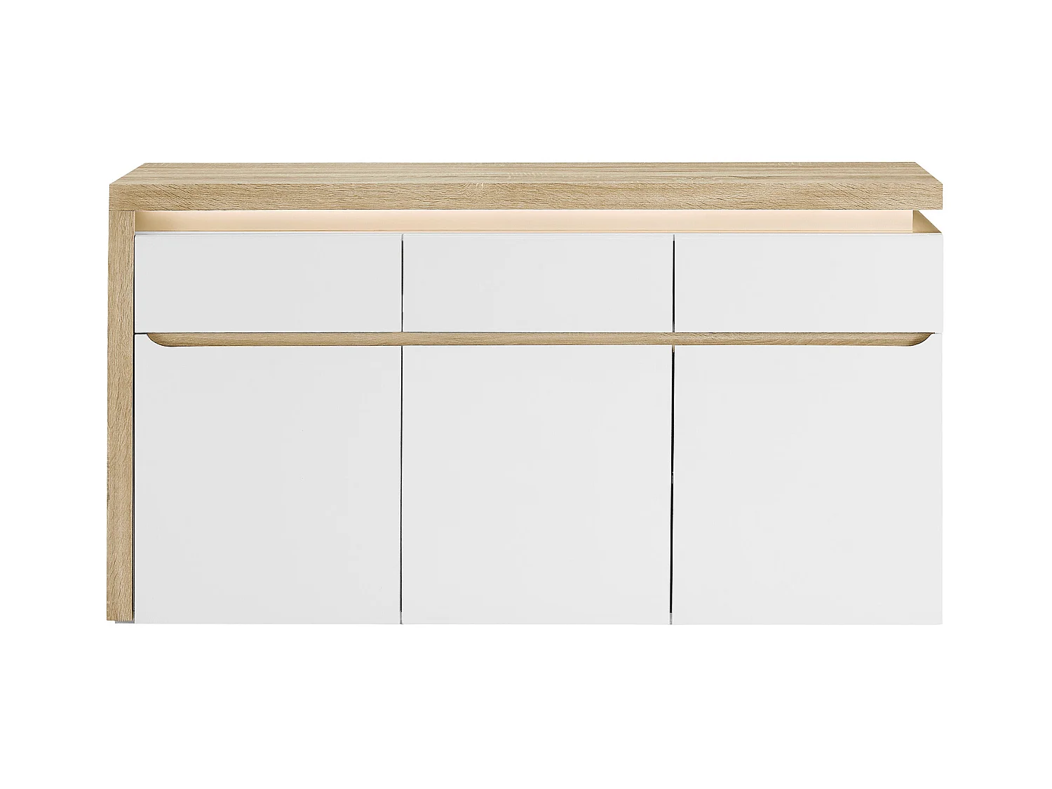 Aparador de 3 puertas y 3 cajones con luces LED de MDF - Blanco lacado y Natural - VADEMOSA