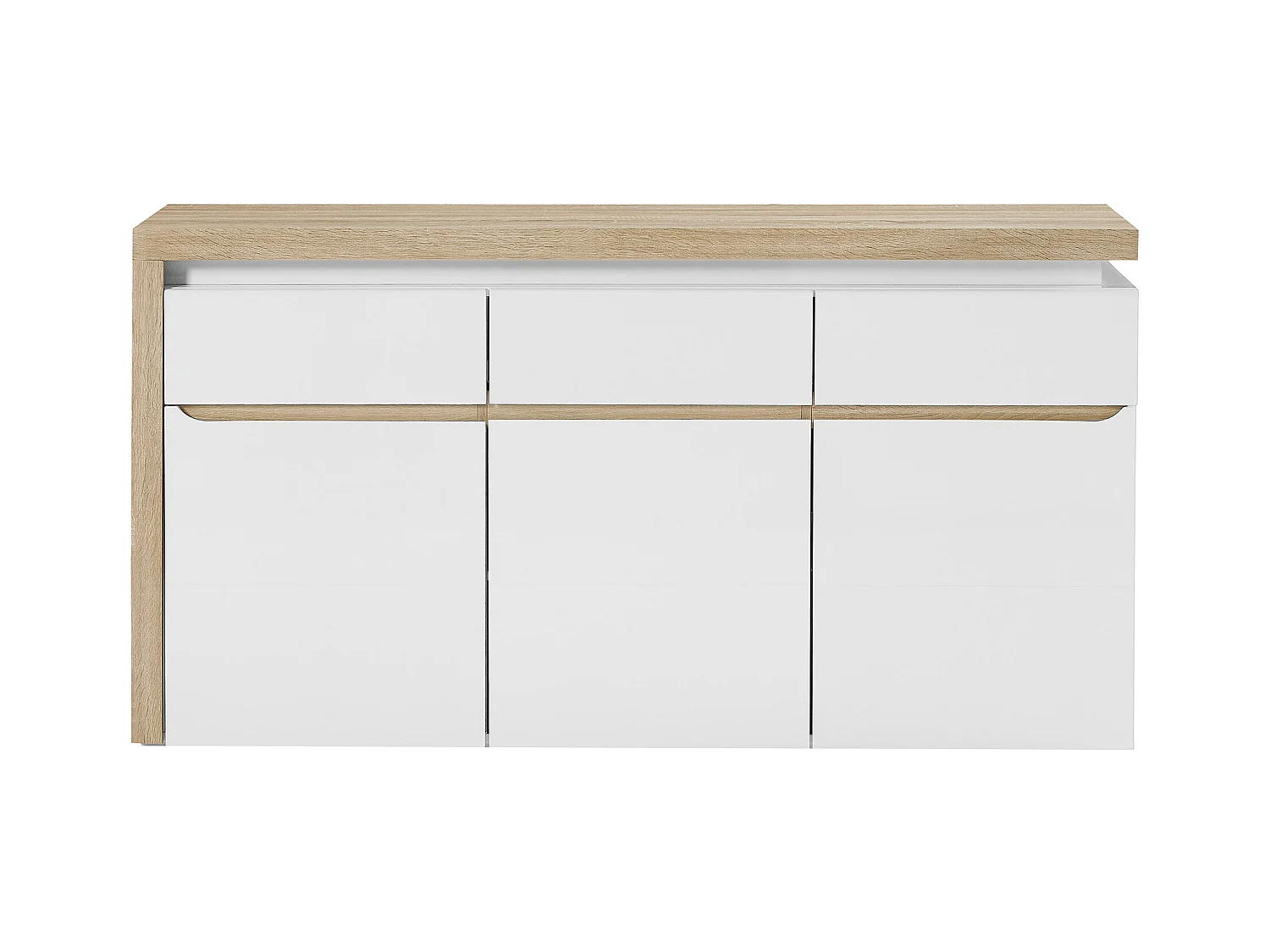 Aparador de 3 puertas y 3 cajones con luces LED de MDF - Blanco lacado y Natural - VADEMOSA