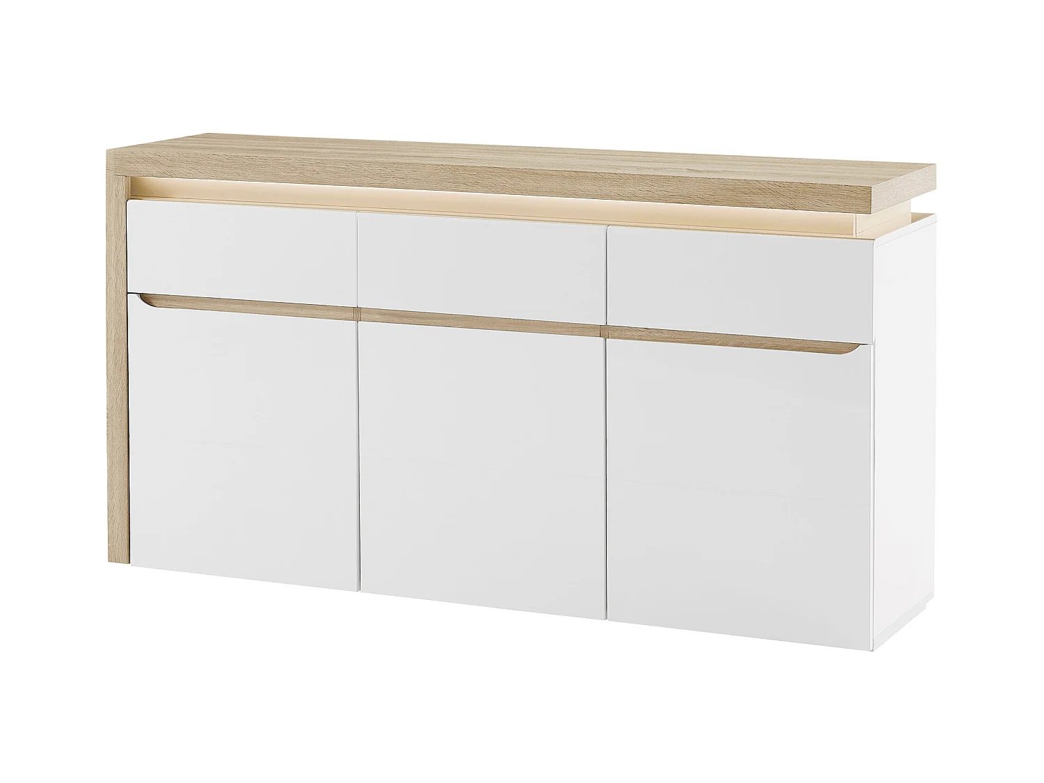 Aparador de 3 puertas y 3 cajones con luces LED de MDF - Blanco lacado y Natural - VADEMOSA