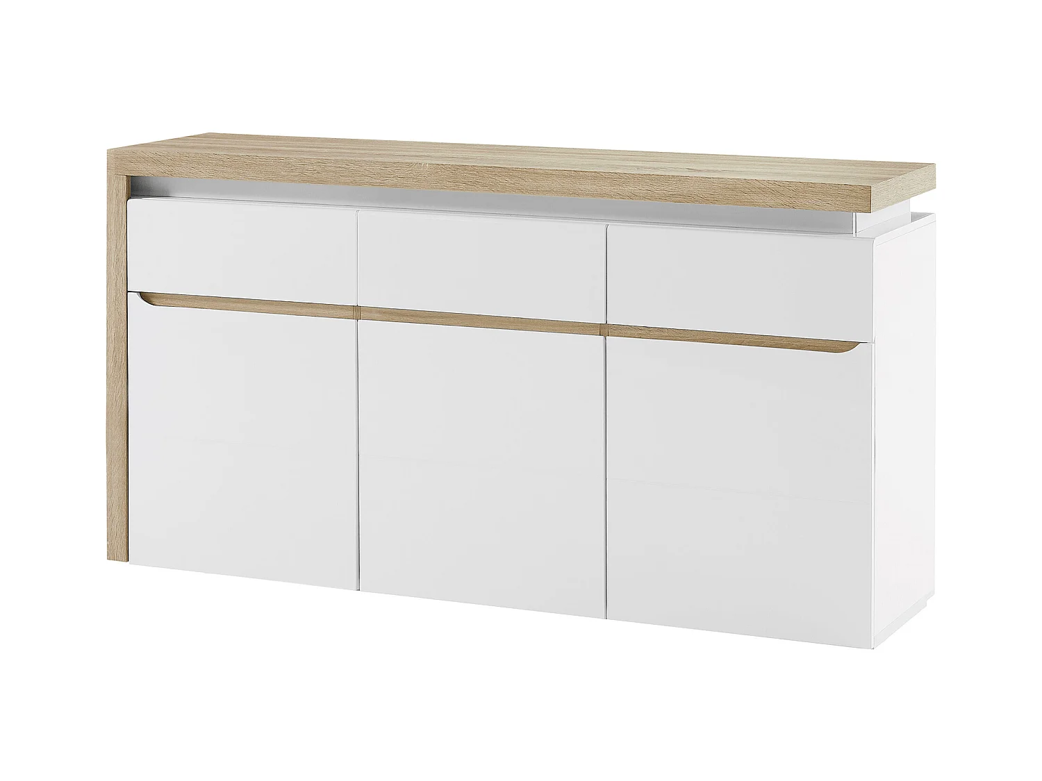Aparador de 3 puertas y 3 cajones con luces LED de MDF - Blanco lacado y Natural - VADEMOSA