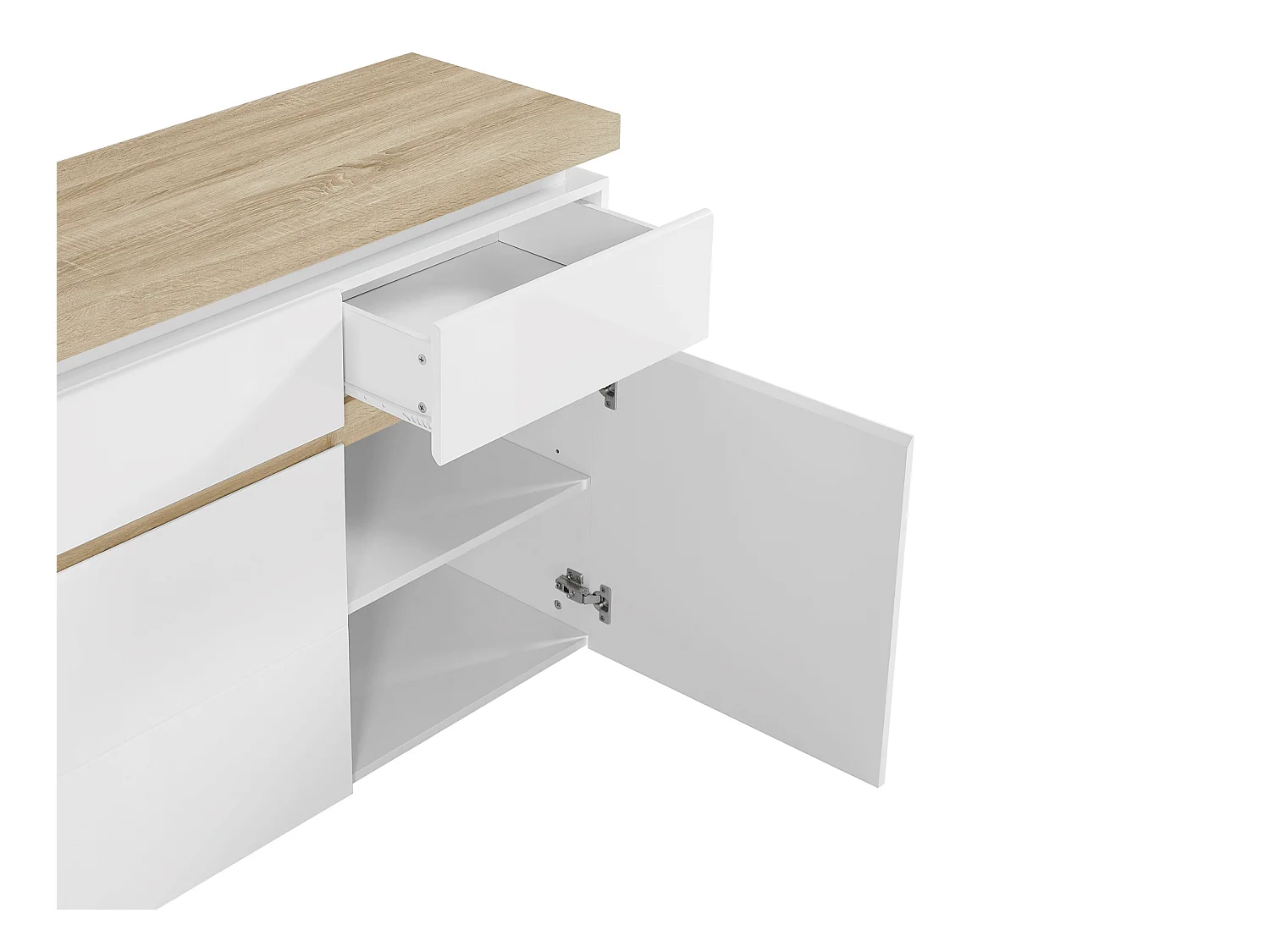 Aparador de 3 puertas y 3 cajones con luces LED de MDF - Blanco lacado y Natural - VADEMOSA