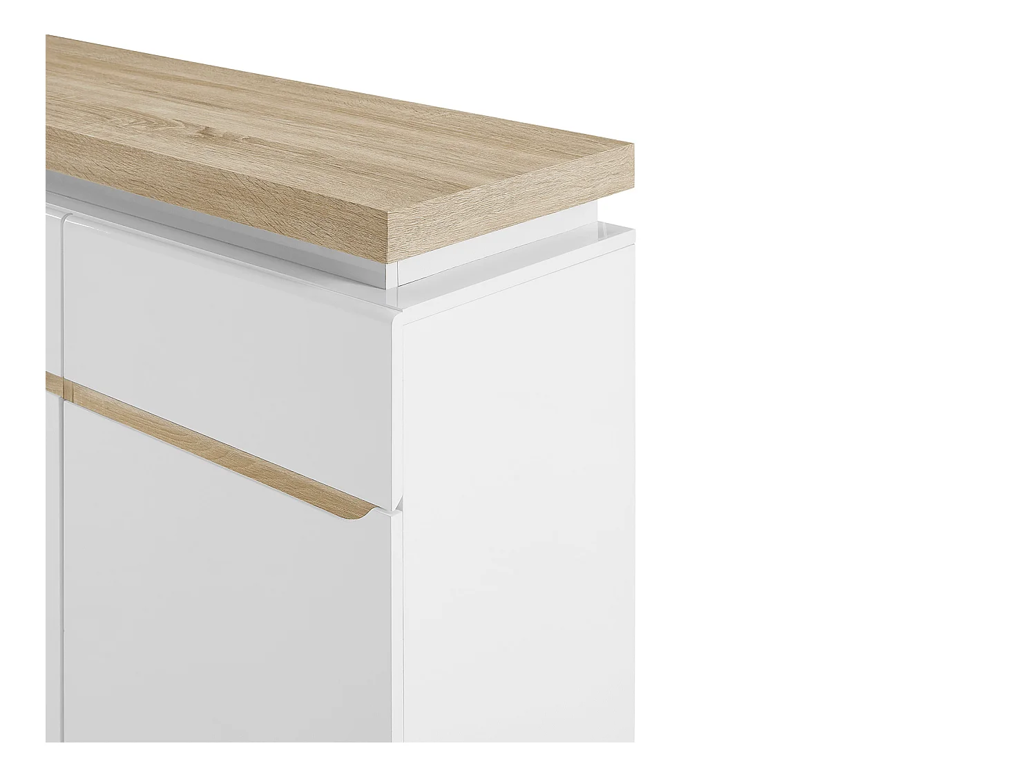 Aparador de 3 puertas y 3 cajones con luces LED de MDF - Blanco lacado y Natural - VADEMOSA