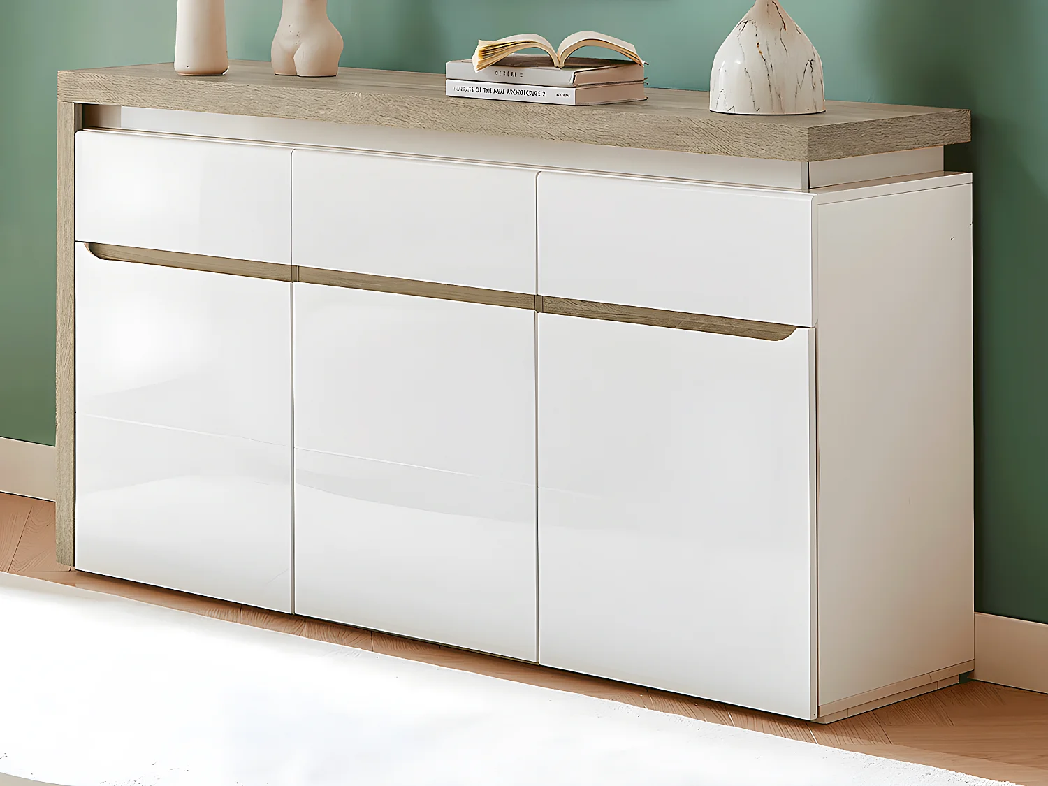 Buffet 3 portes et 3 tiroirs avec LEDs en MDF - Blanc laqué et Naturel - VADEMOSA