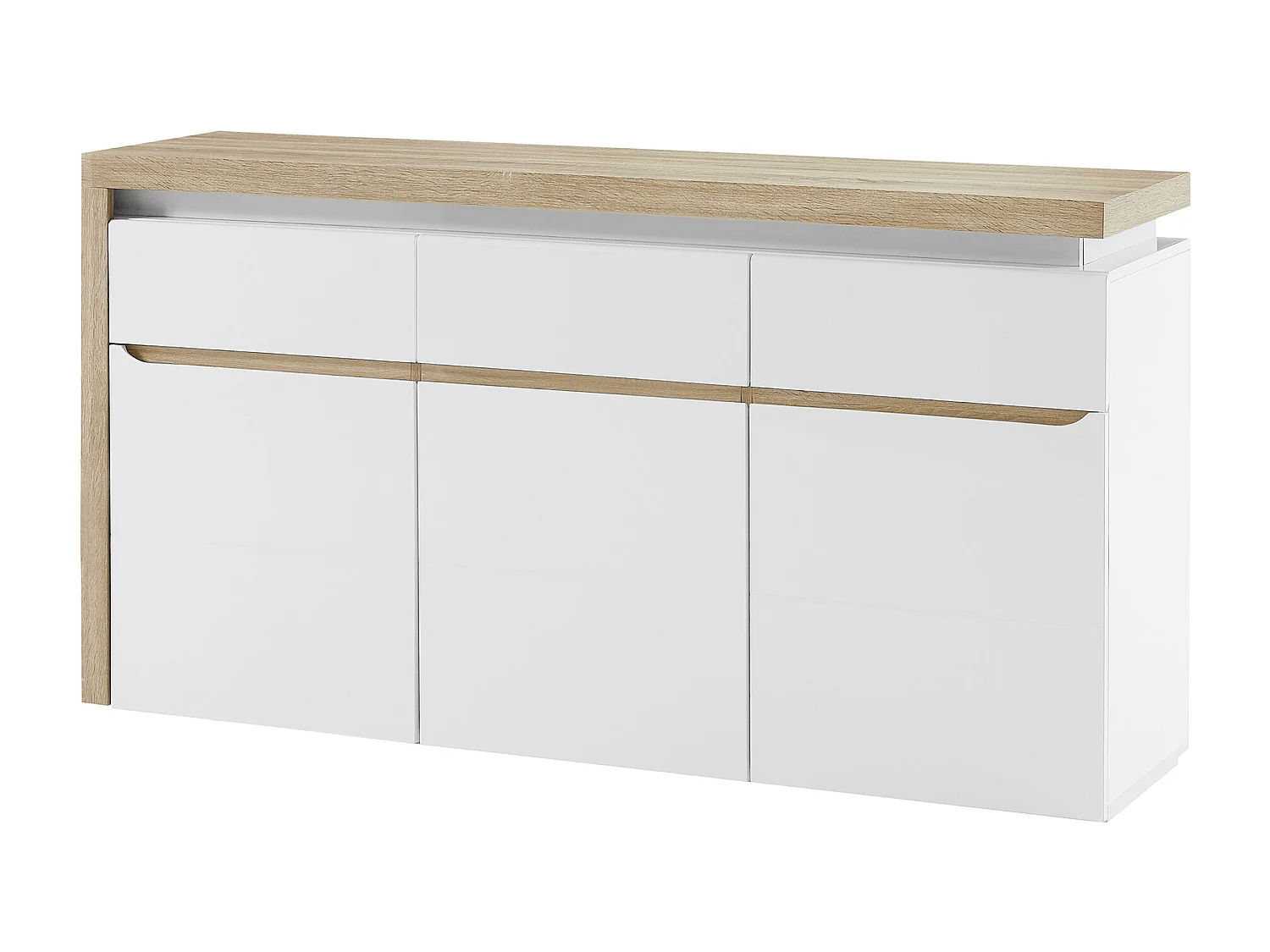 Buffet 3 portes et 3 tiroirs avec LEDs en MDF - Blanc laqué et Naturel - VADEMOSA