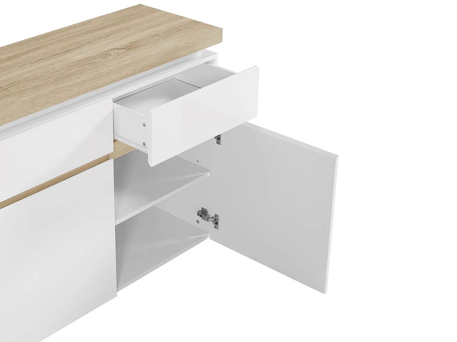 Buffet 3 portes et 3 tiroirs avec LEDs en MDF - Blanc laqué et Naturel - VADEMOSA