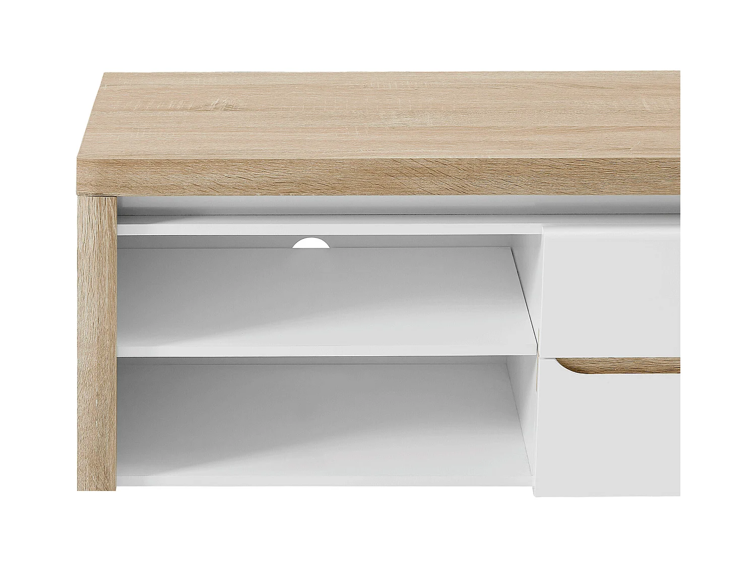 Mueble TV de 2 puertas y 2 compartimentos con luces LED en MDF - Blanco lacado y Natural - VADEMOSA