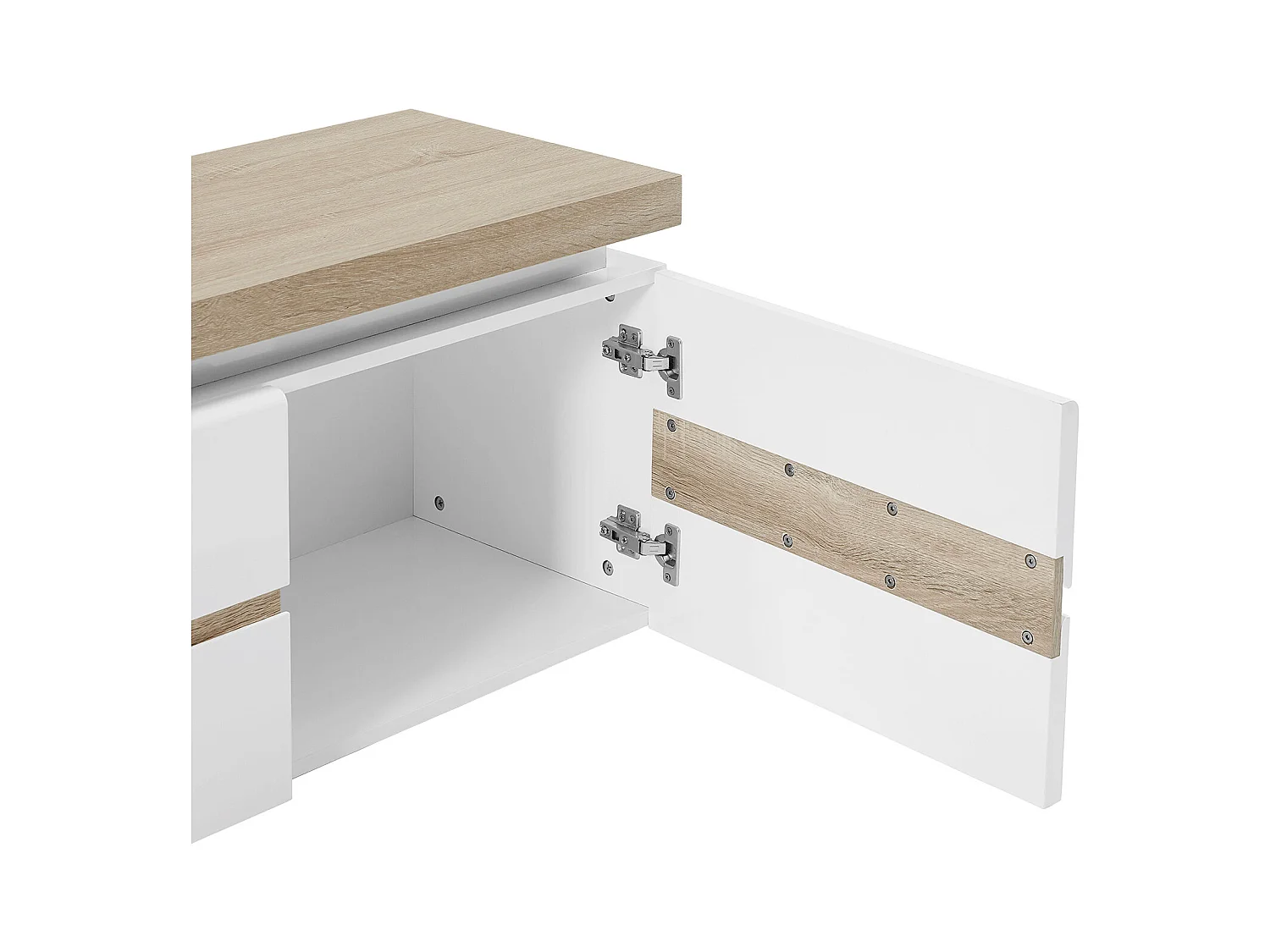 Mueble TV de 2 puertas y 2 compartimentos con luces LED en MDF - Blanco lacado y Natural - VADEMOSA