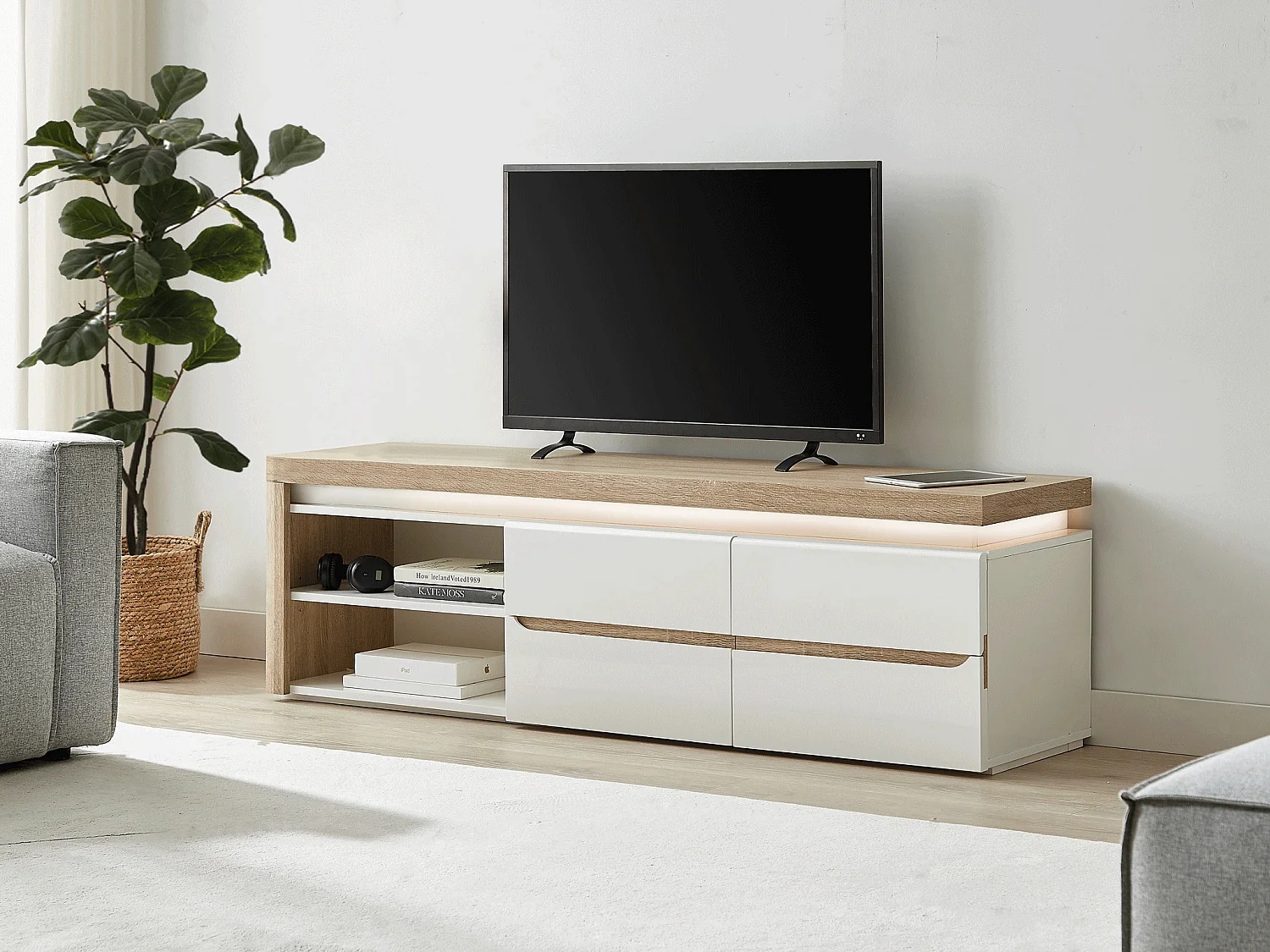 Tv-meubel met 2 deurtjes en 2 nissen met ledverlichting van mdf - Wit gelakt en naturel - VADEMOSA