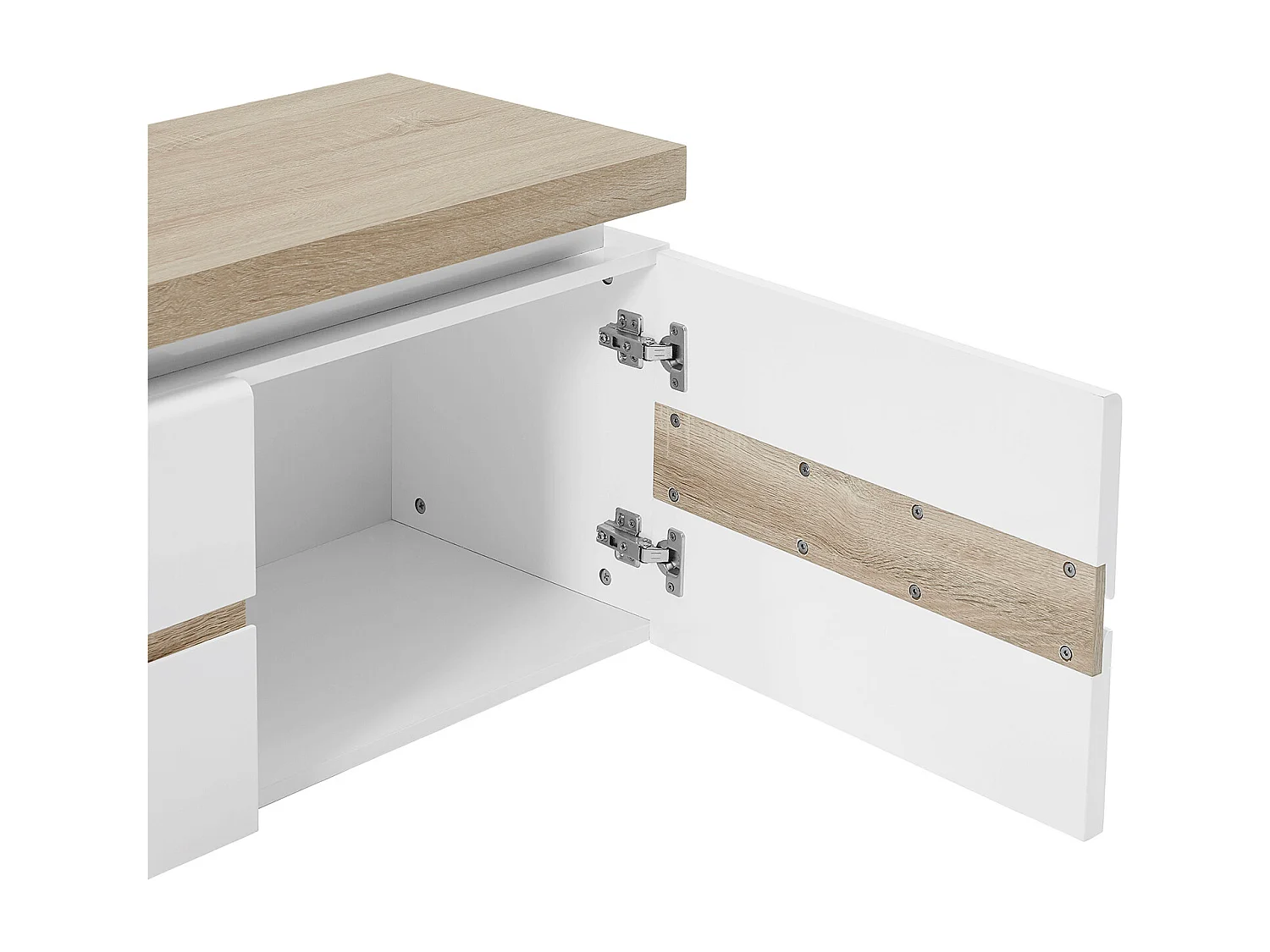 Meuble TV 2 portes et 2 niches avec LEDs en MDF - Blanc laqué et Naturel - VADEMOSA