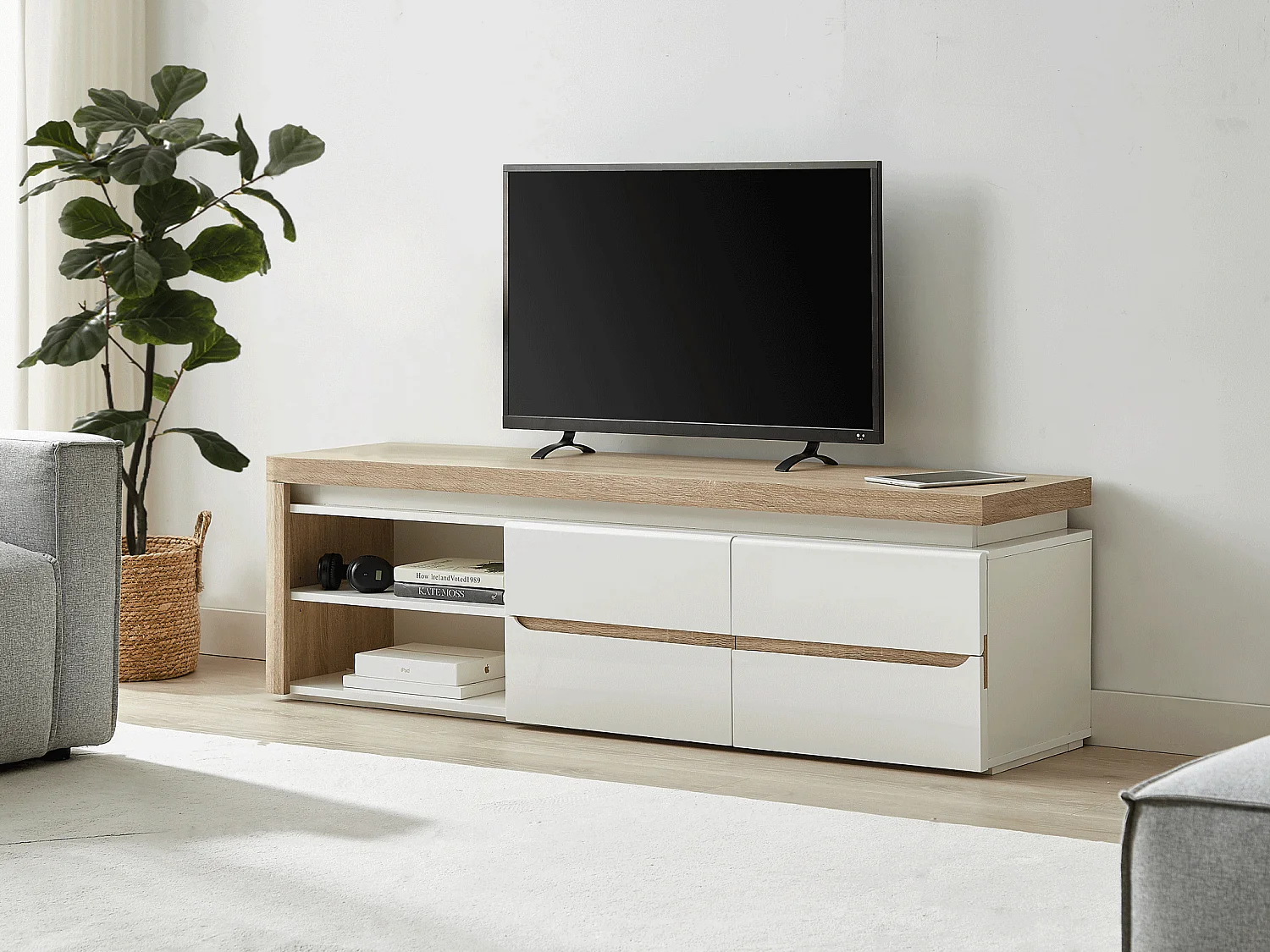 Meuble TV 2 portes et 2 niches avec LEDs en MDF - Blanc laqué et Naturel - VADEMOSA