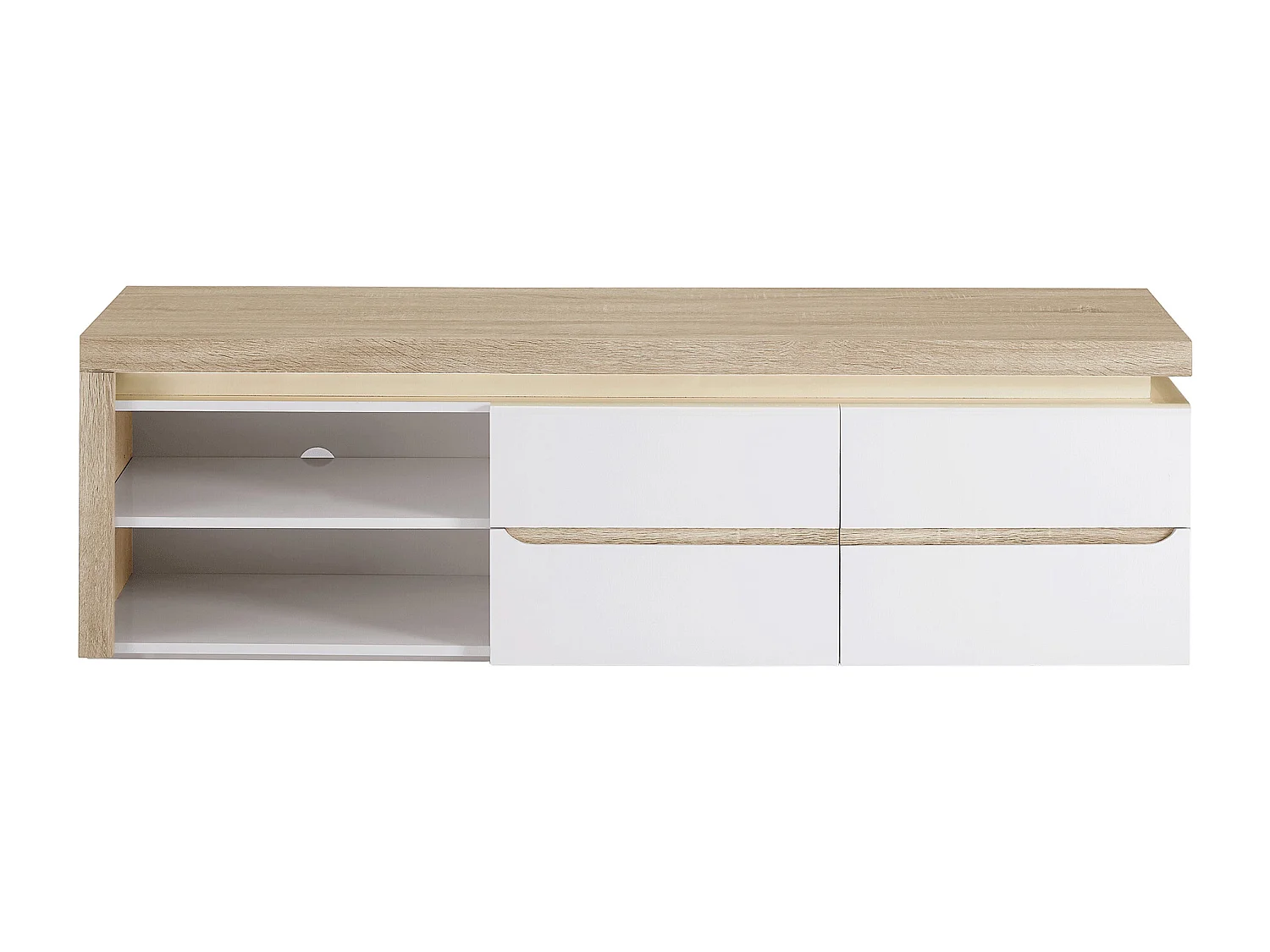 Meuble TV 2 portes et 2 niches avec LEDs en MDF - Blanc laqué et Naturel - VADEMOSA