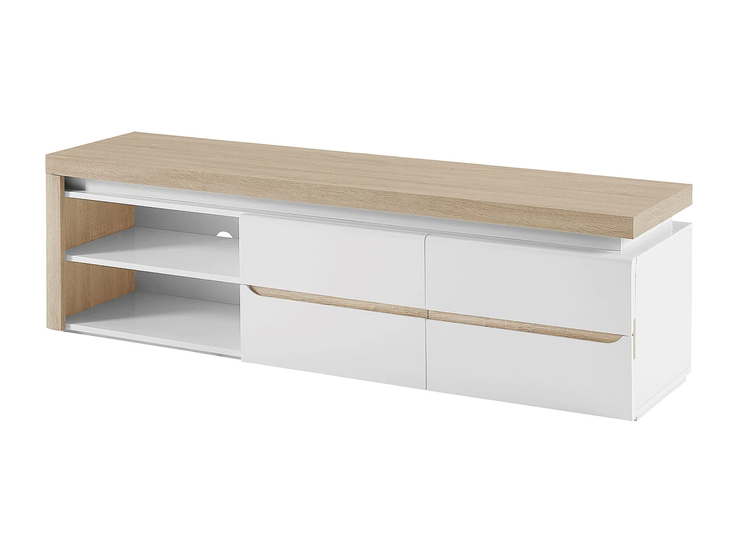 Meuble TV 2 portes et 2 niches avec LEDs en MDF - Blanc laqué et Naturel - VADEMOSA